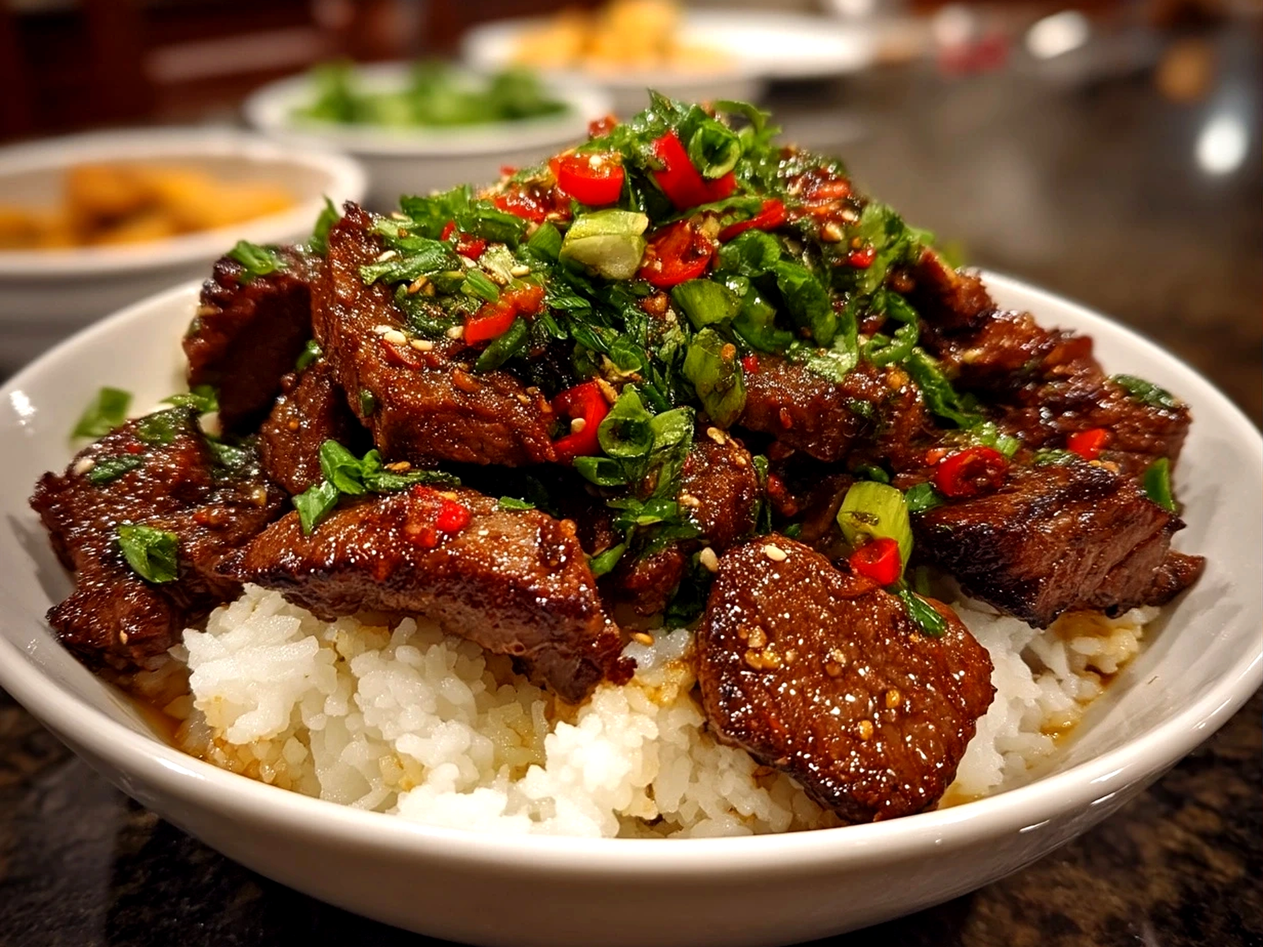 Close-up of finished homemade Crispy Peking Beef Bowl in a warm setting