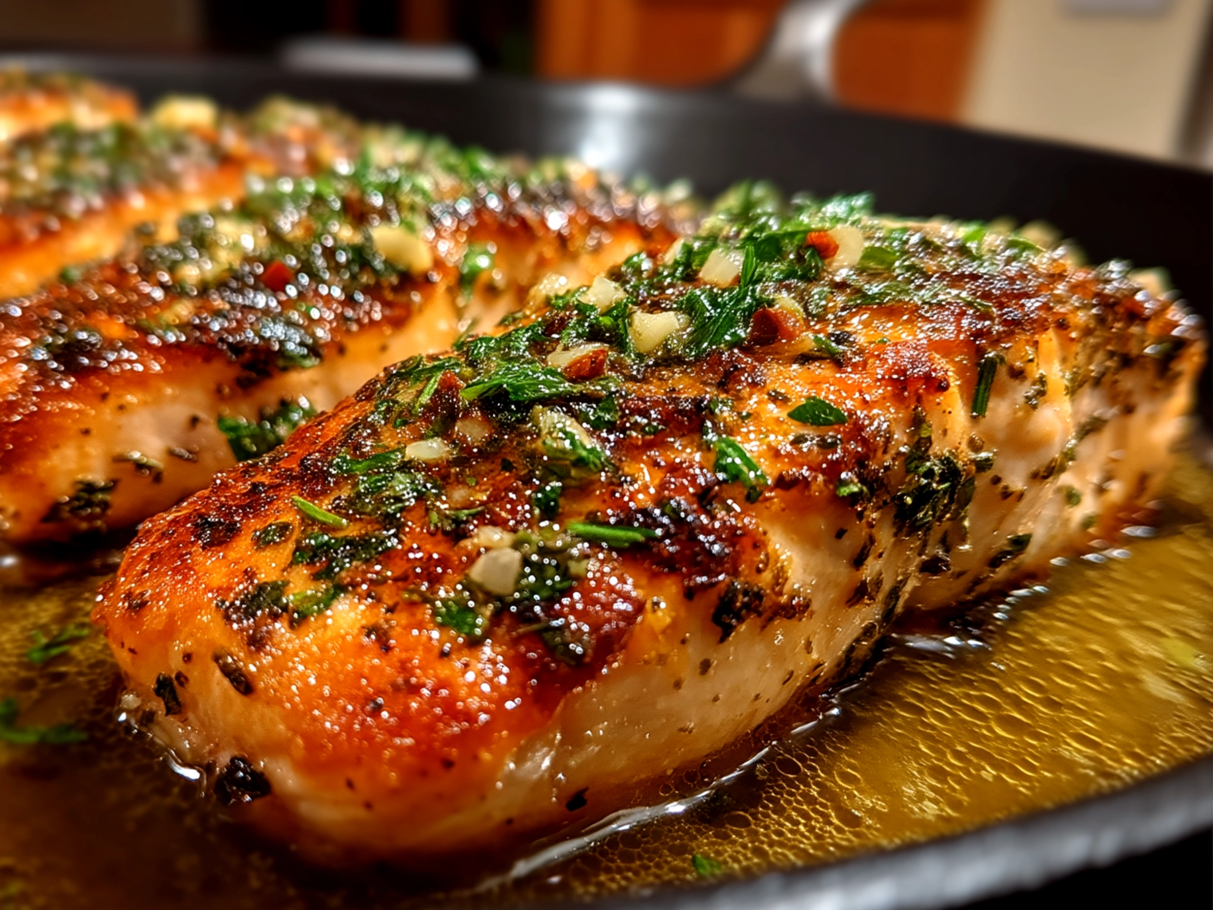 Finished comforting garlic butter salmon served, close-up from a slight angle on an iPhone 14 Pro