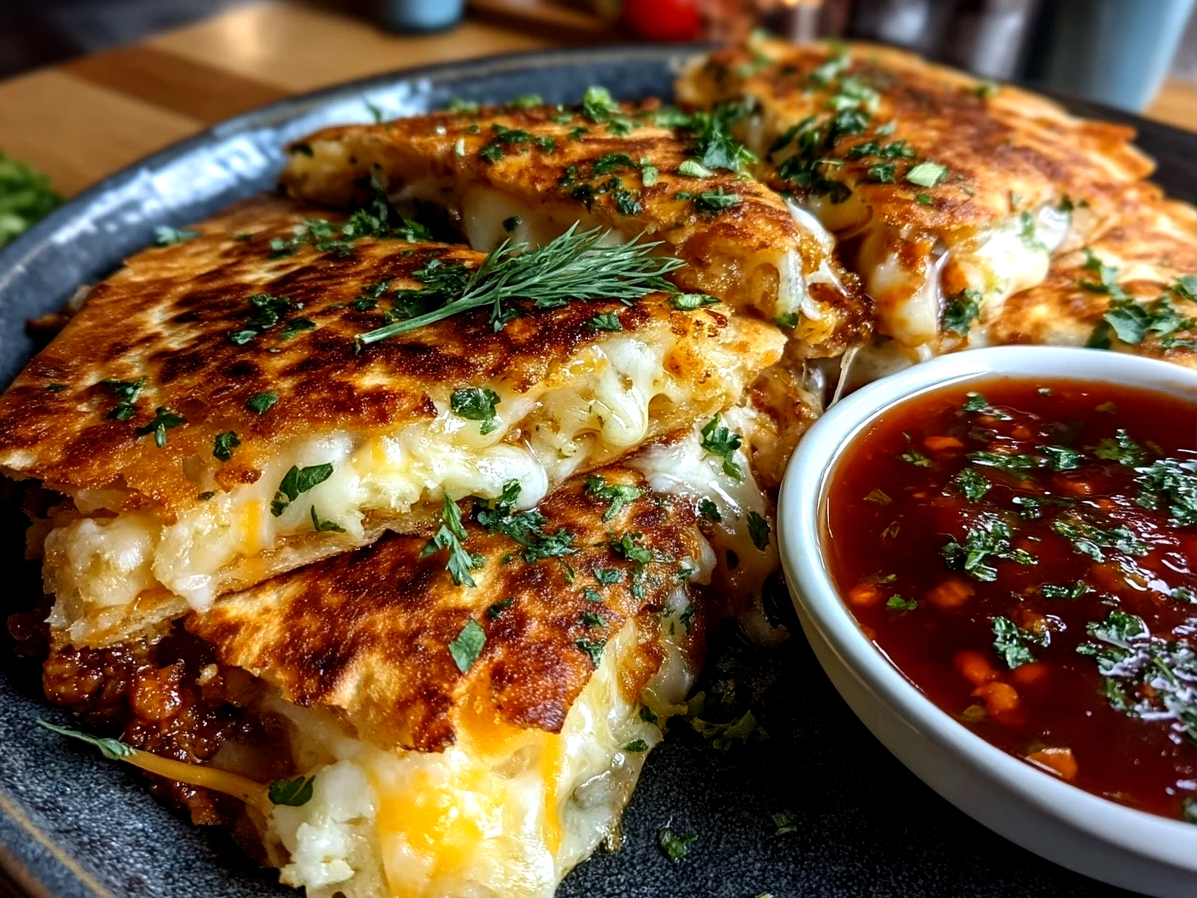 Slight angle close up of finished comforting cheese quesadilla