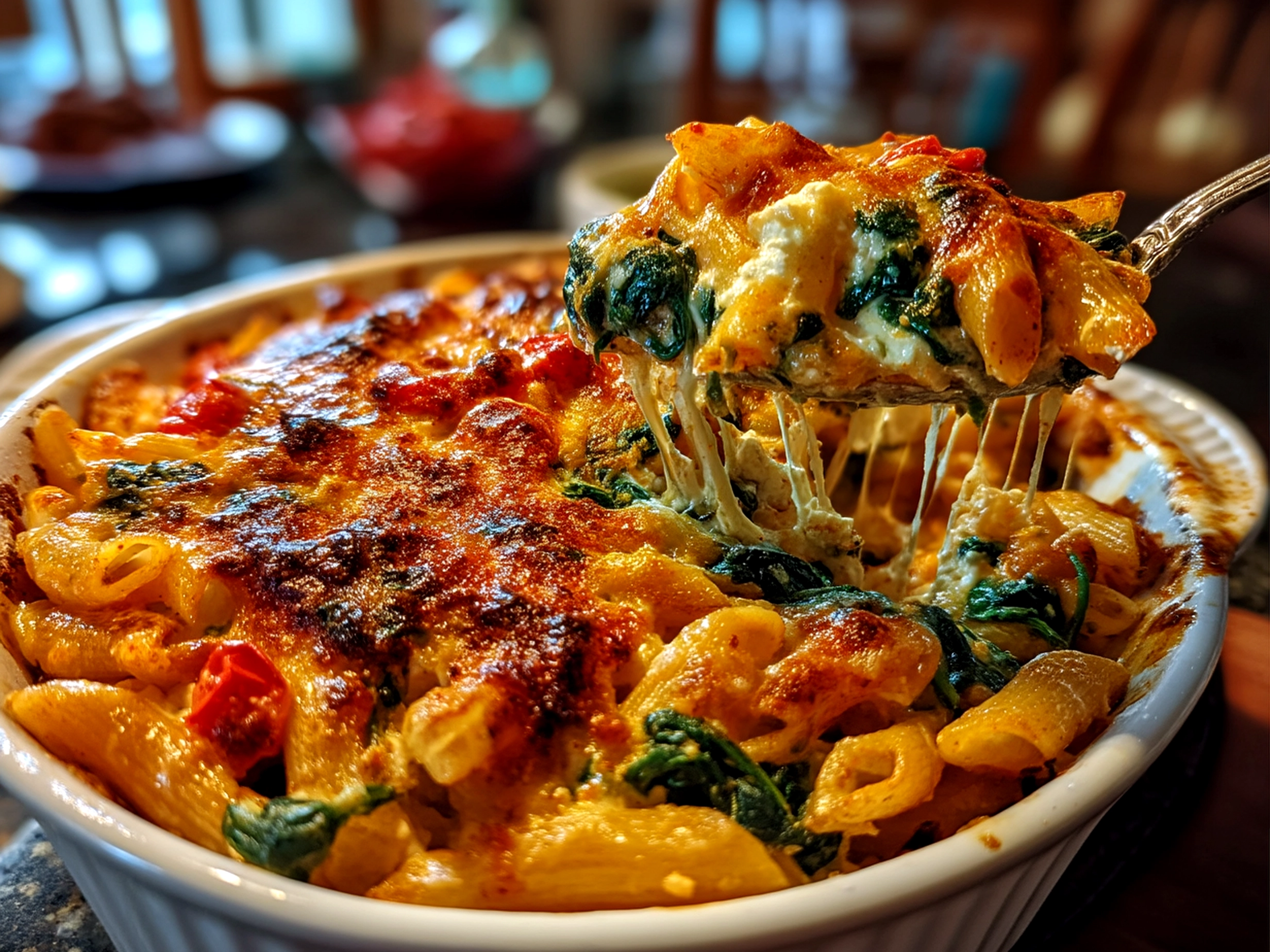 Close-up of a comforting baked feta pasta with spinach served in a casual kitchen setting