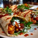 Amateur kitchen, taken with iPhone 14. Close-up slight angle of homemade Buffalo Chickpea Wraps on white plate. Mouthwatering --ar 4:3 --style raw --s 250