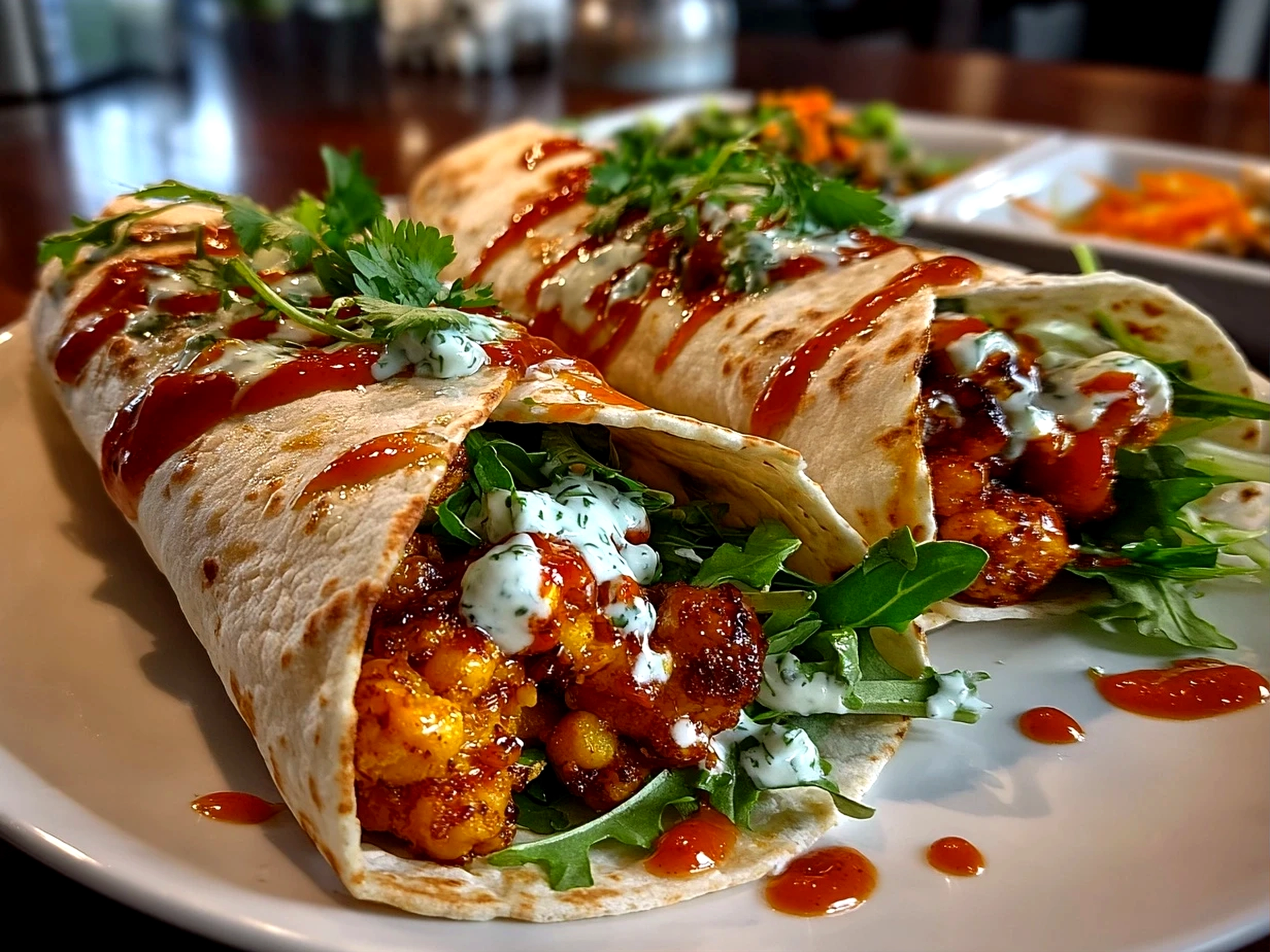 Amateur kitchen, taken with iPhone 14. Close-up slight angle of homemade Buffalo Chickpea Wraps on white plate. Mouthwatering --ar 4:3 --style raw --s 250