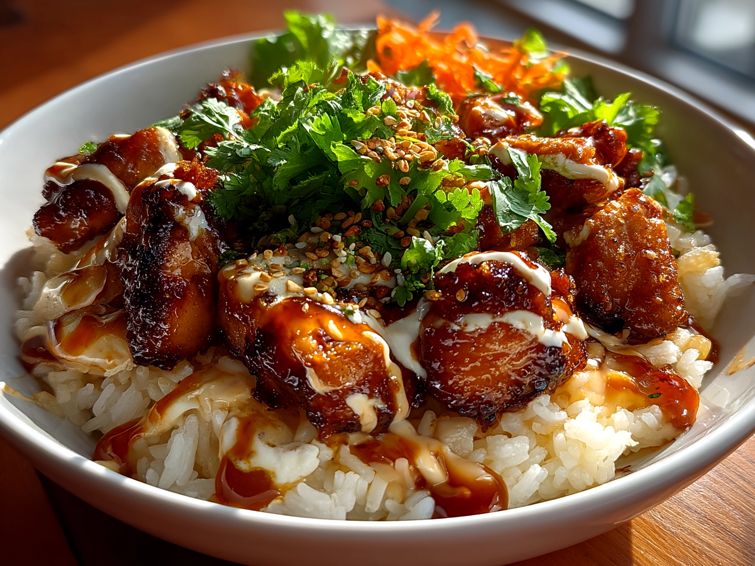 Close-up of finished comforting chicken and rice bowl served fresh and warm