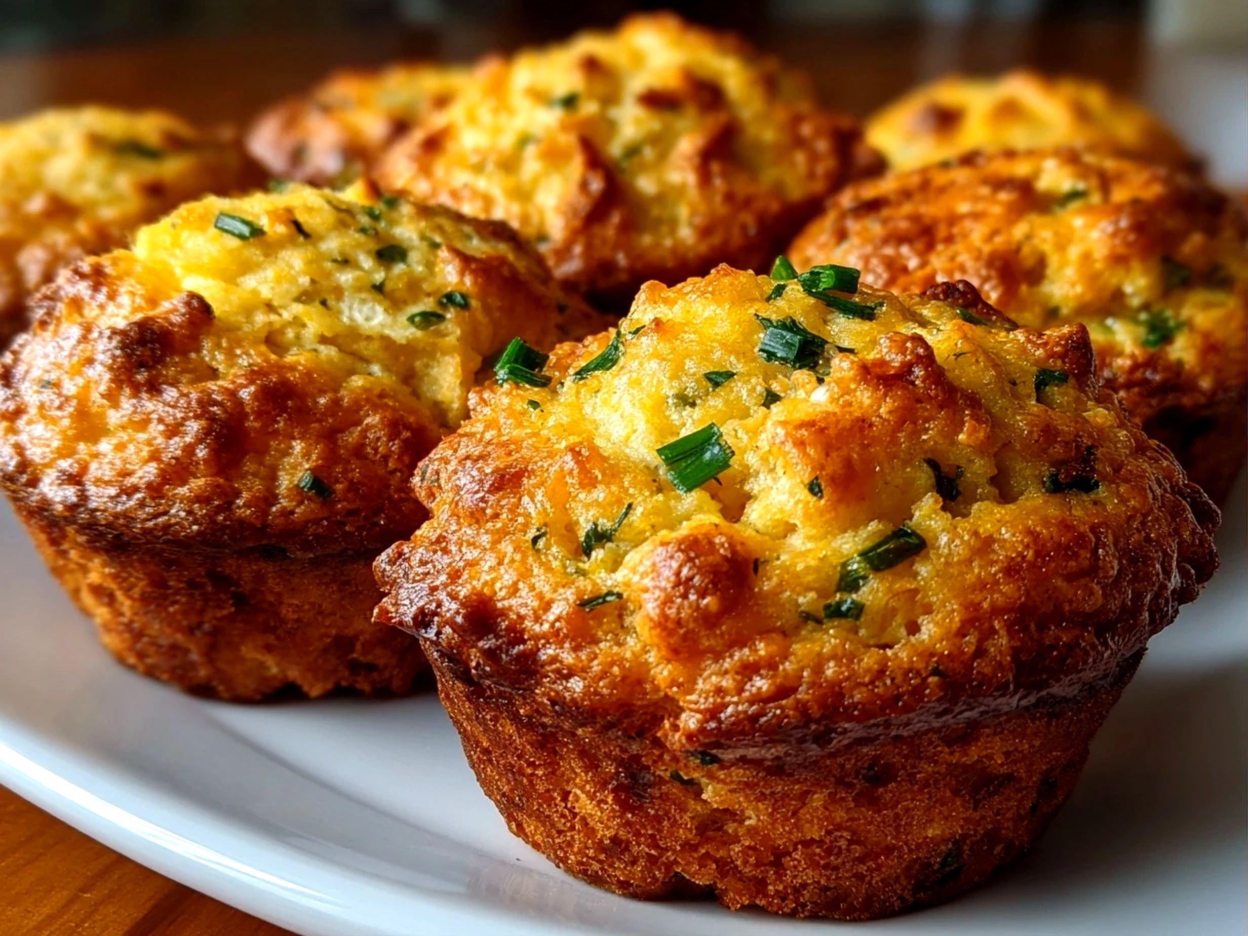 Amateur kitchen, taken with iPhone 15 Pro. Close-up slight angle of freshly prepared Cheddar Jalapeño Cornbread Muffins on white plate. Mouthwatering --ar 4:3 --style raw --s 265