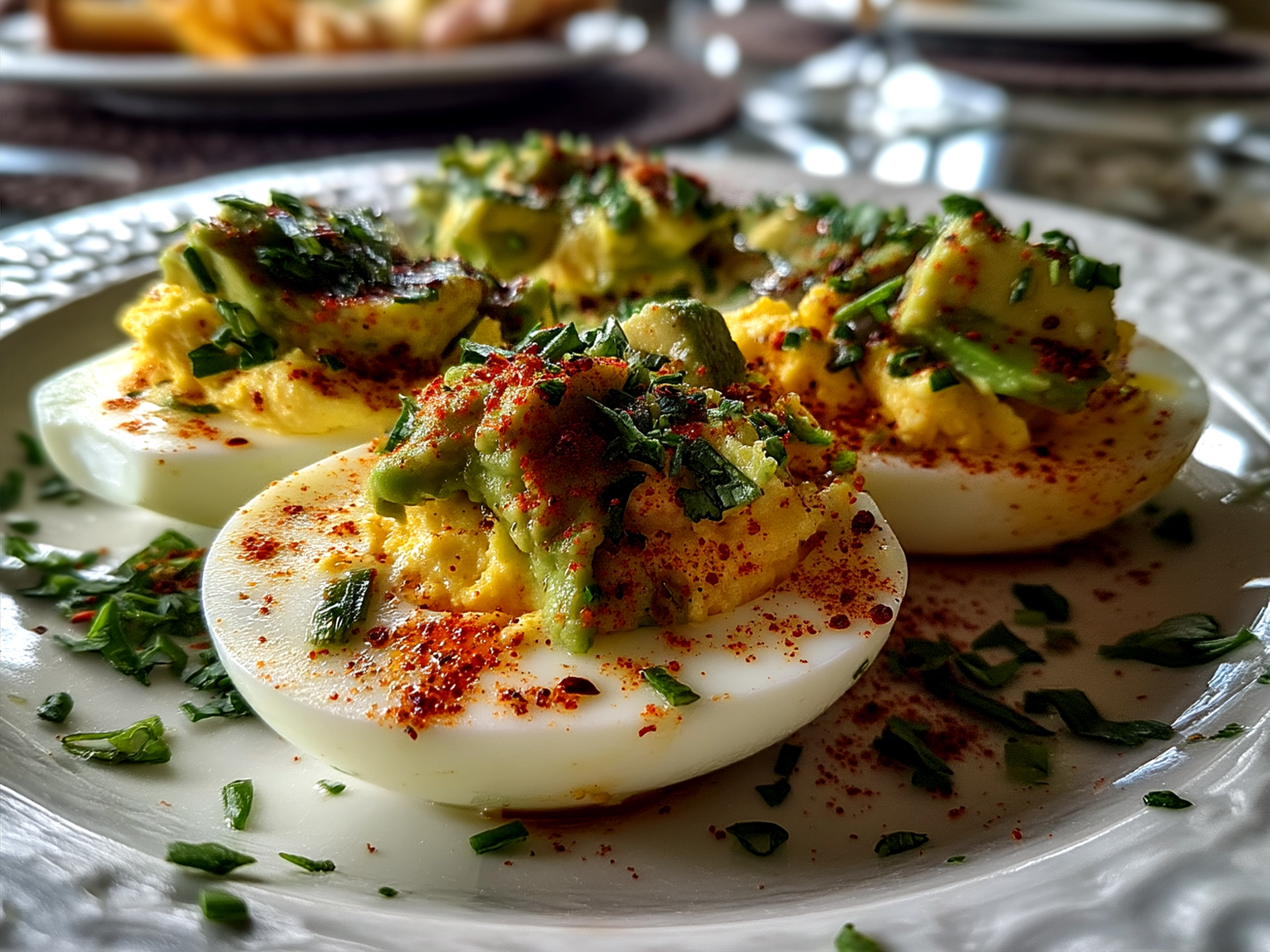 Plated avocado deviled eggs garnished with paprika