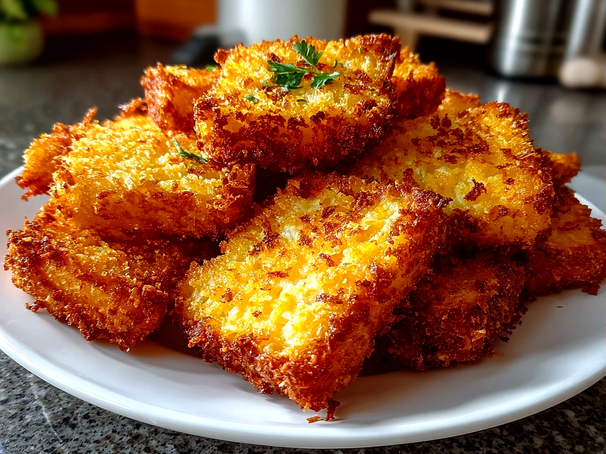 Beautiful Crispy Corn Toast Bites on White Plate