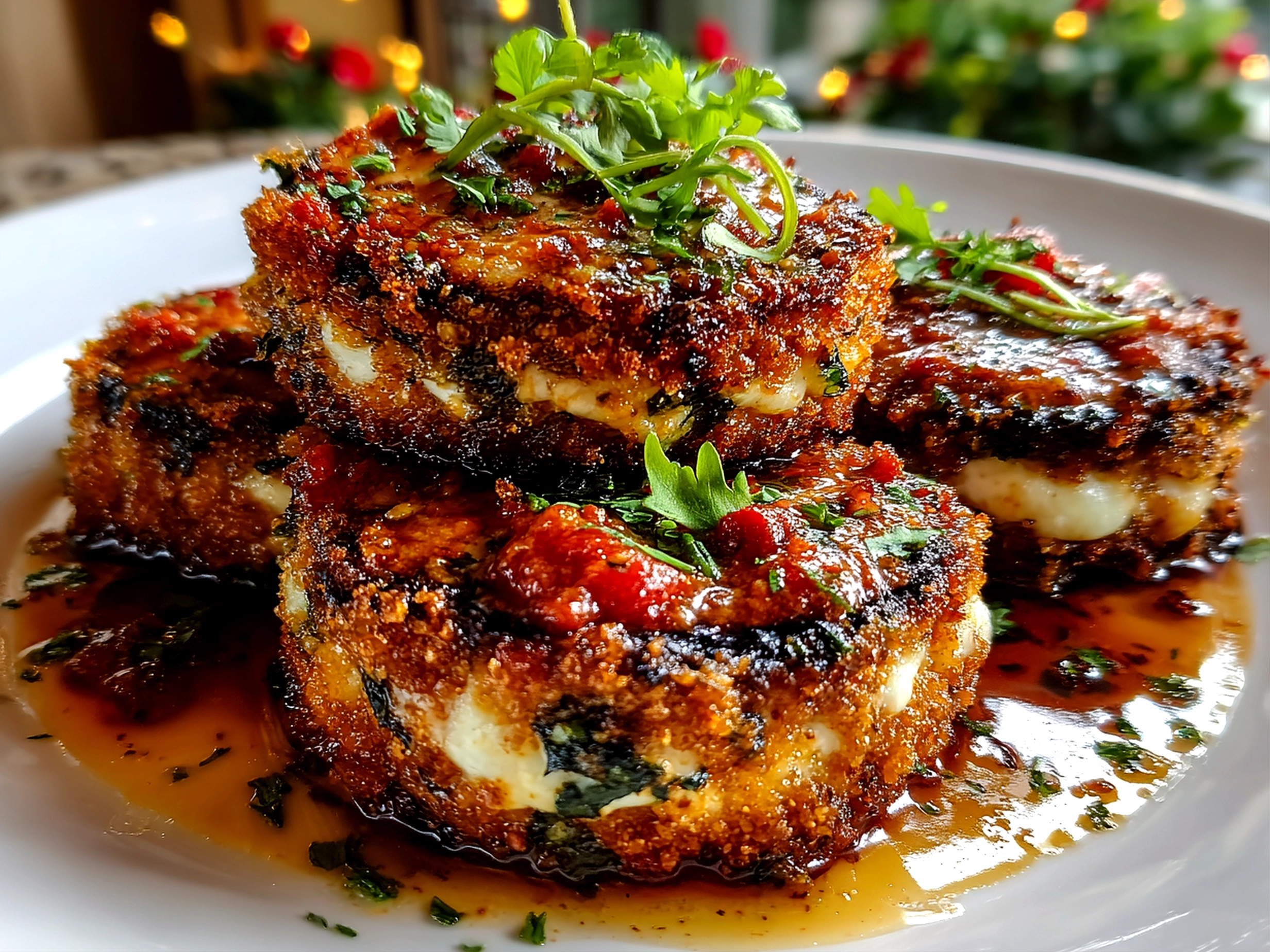 Beautiful homemade Eggplant Parmesan Stacks on a white plate