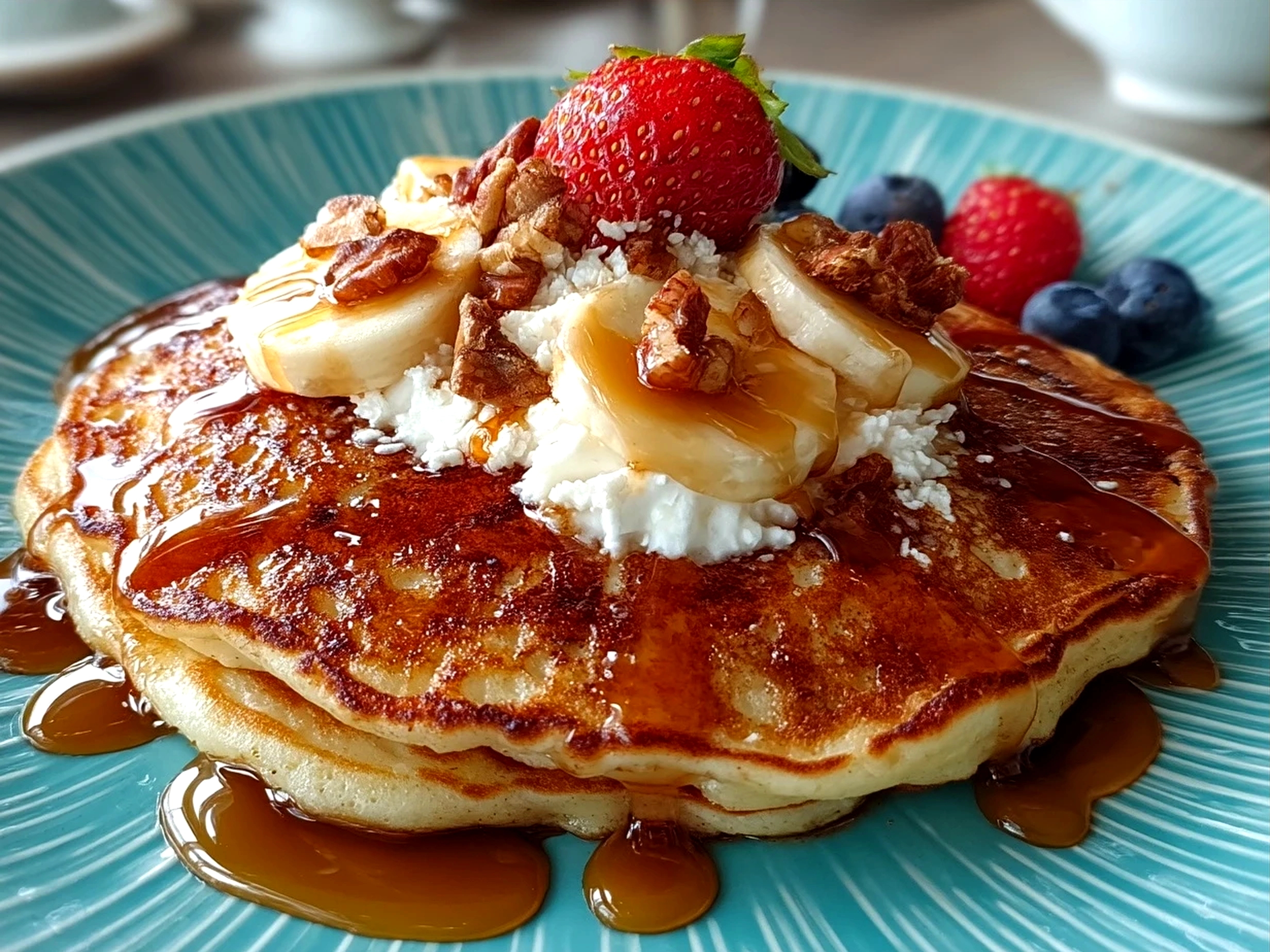 A stack of fluffy Chai Spiced Pancakes served with fresh fruit and syrup