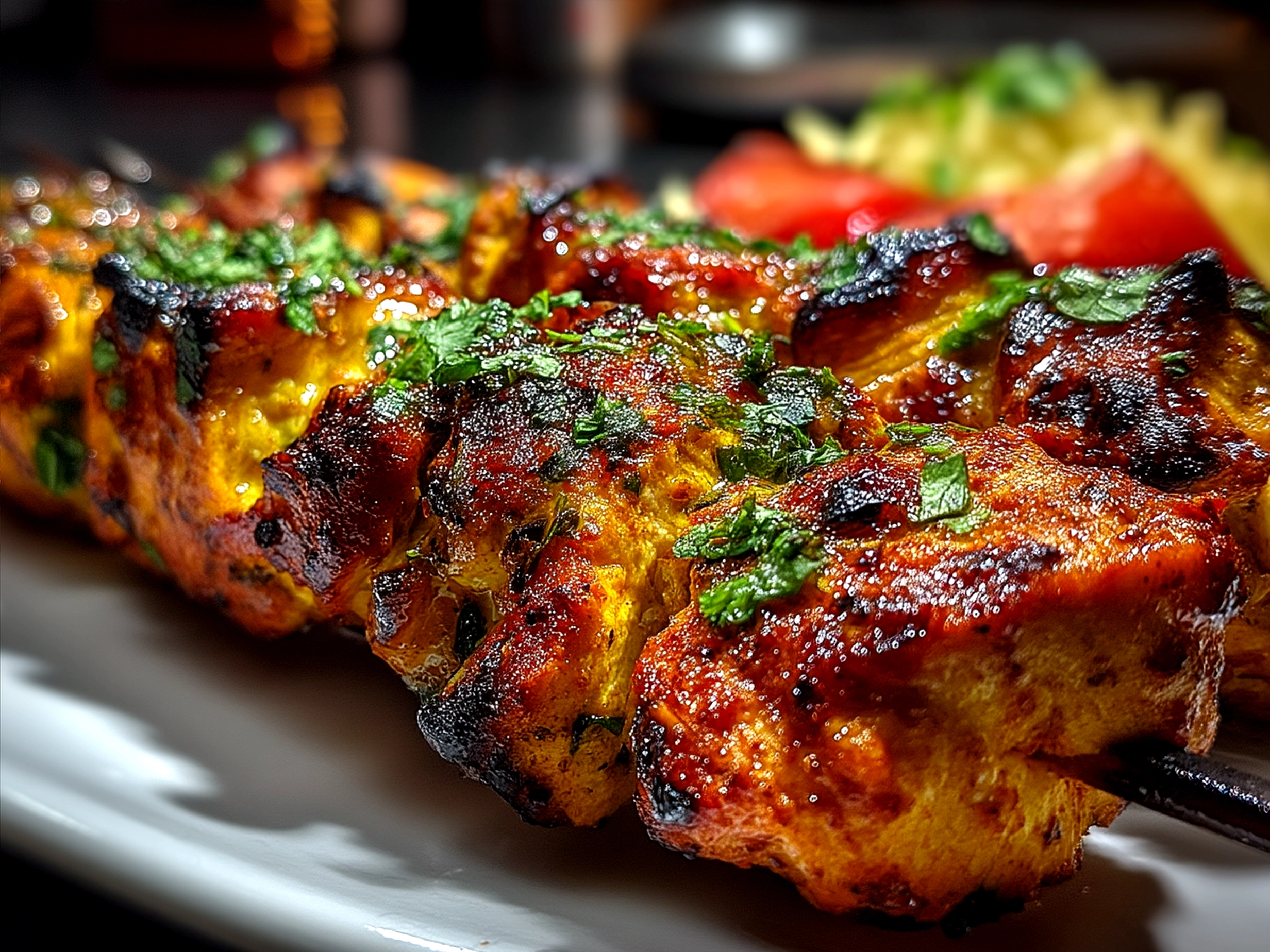 Perfectly cooked Chicken Kebabs served on a platter with fresh sides