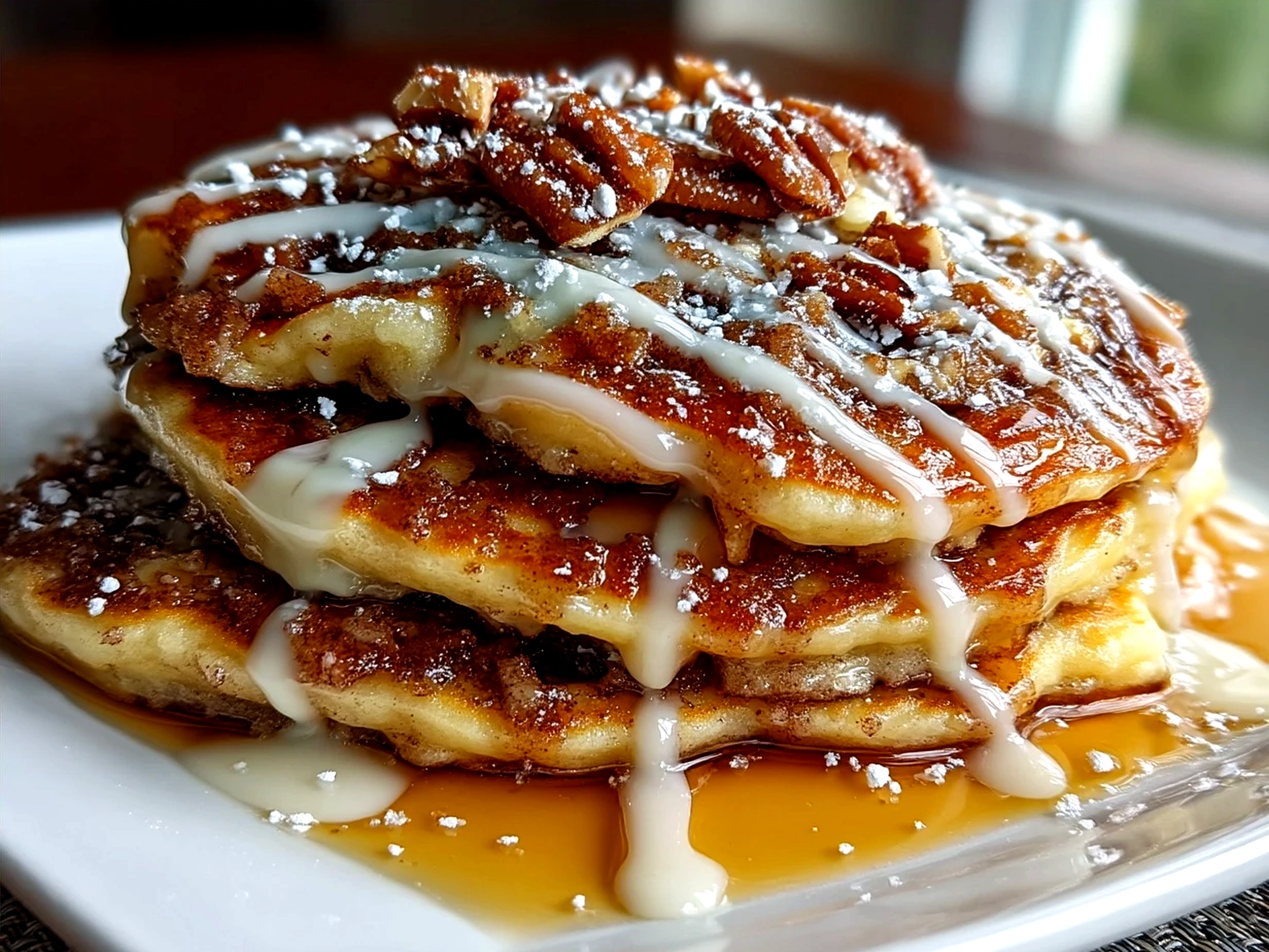 Serving stack of Cinnamon Roll Pancakes topped with butter and syrup