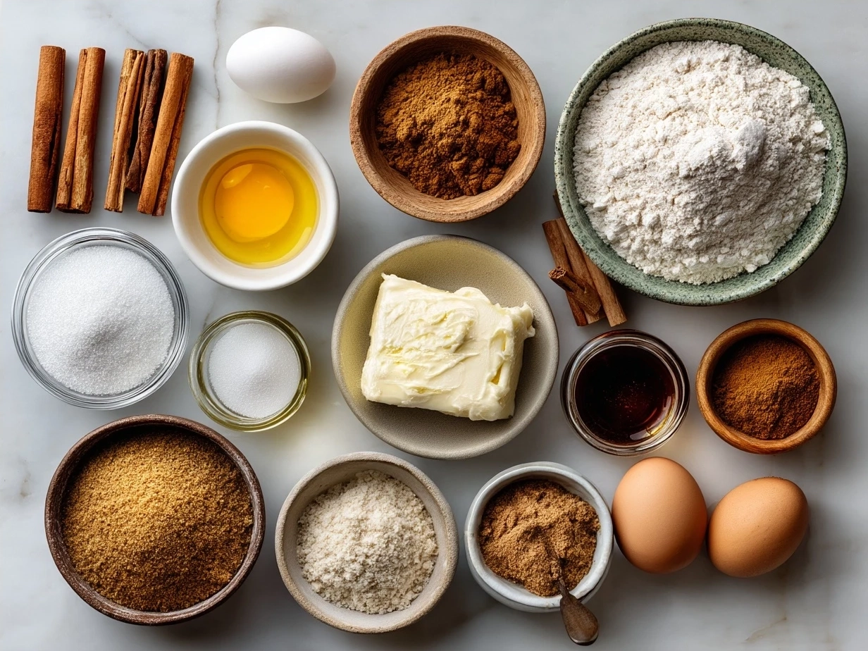 Ingredients needed for Cinnamon Roll Pancakes including flour, sugar, butter, cinnamon, and milk