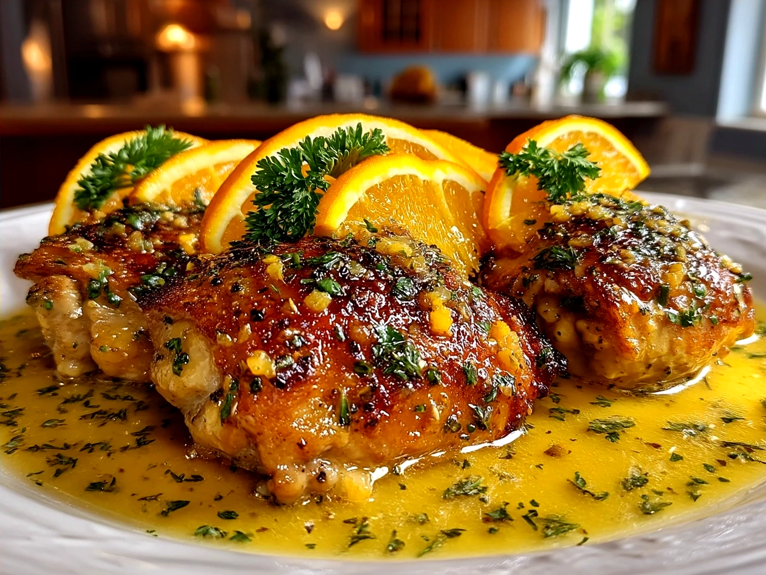 Plated Citrus Chicken Thighs served with fresh herbs and lemon wedge