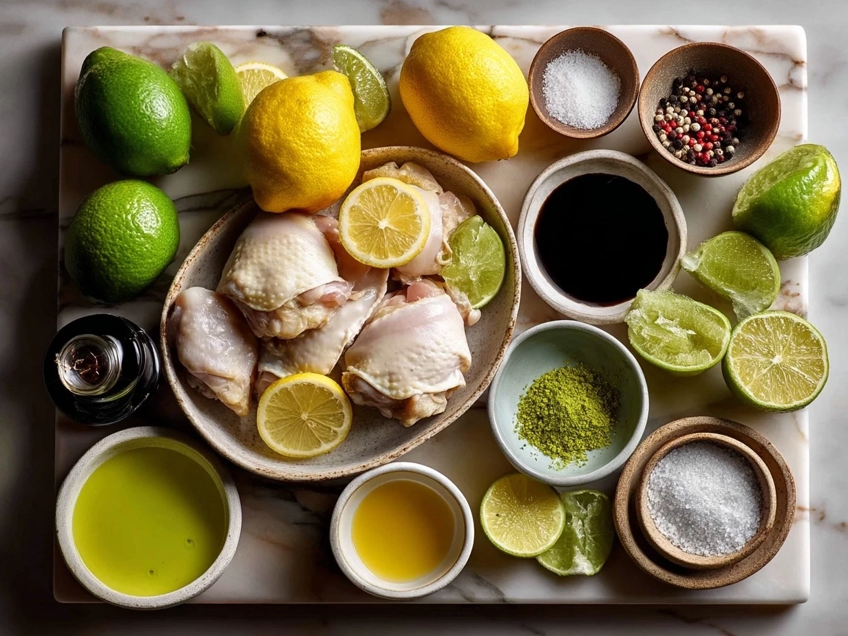 Fresh ingredients for Citrus Chicken Thighs including chicken thighs, citrus fruits, garlic, honey, and spices