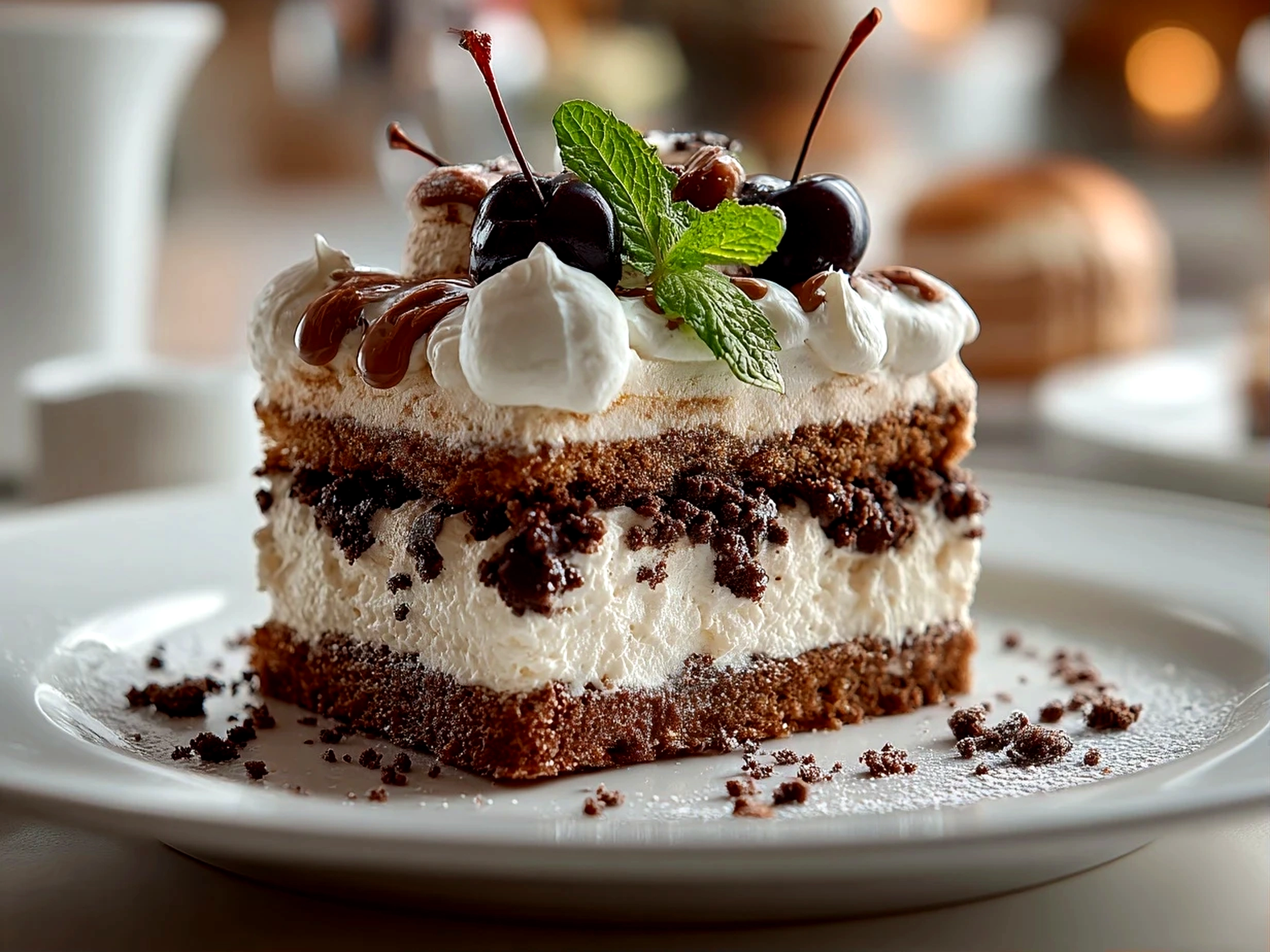 Close-up of freshly prepared Dirt Cake in white ceramic bowl