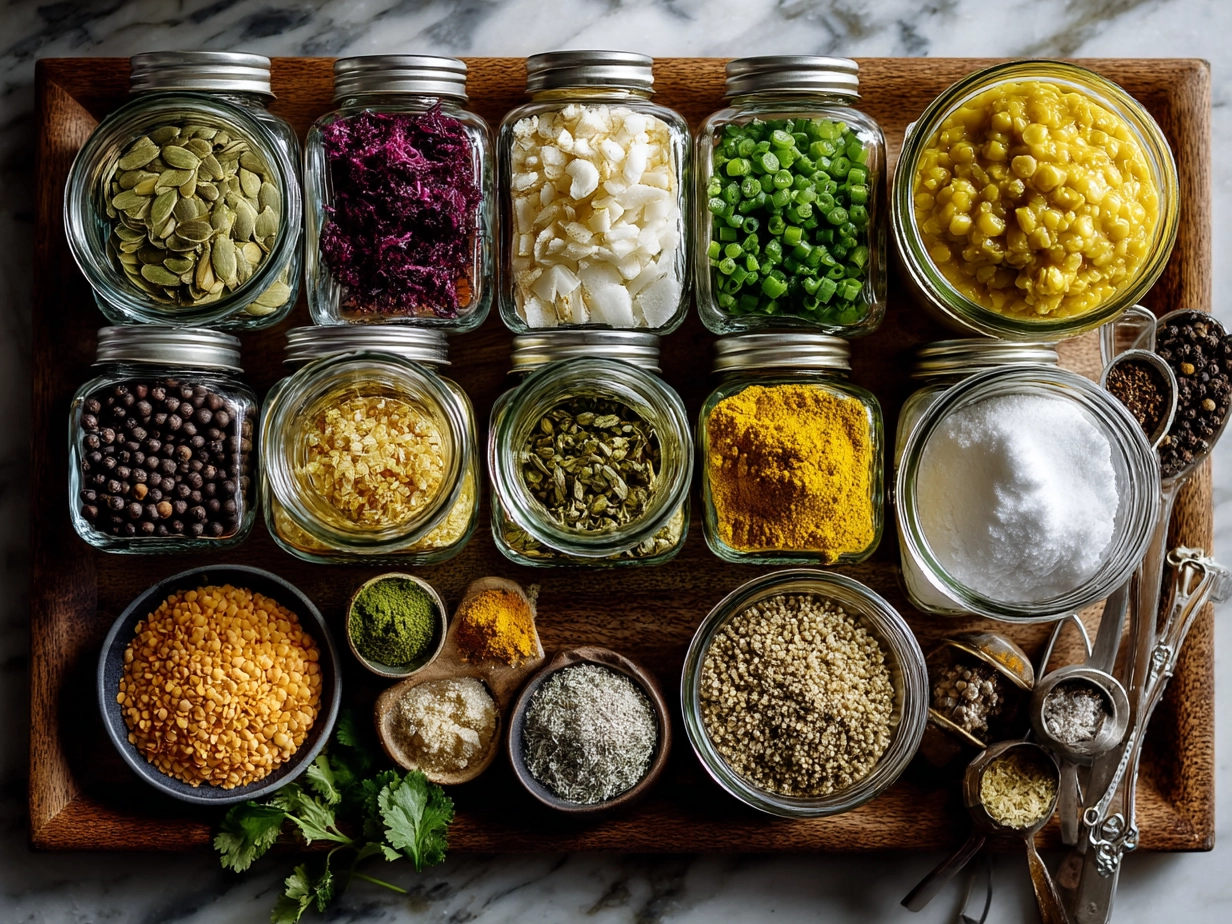 Ingredients for Coconut Curry Lentil Soup laid out on a kitchen counter