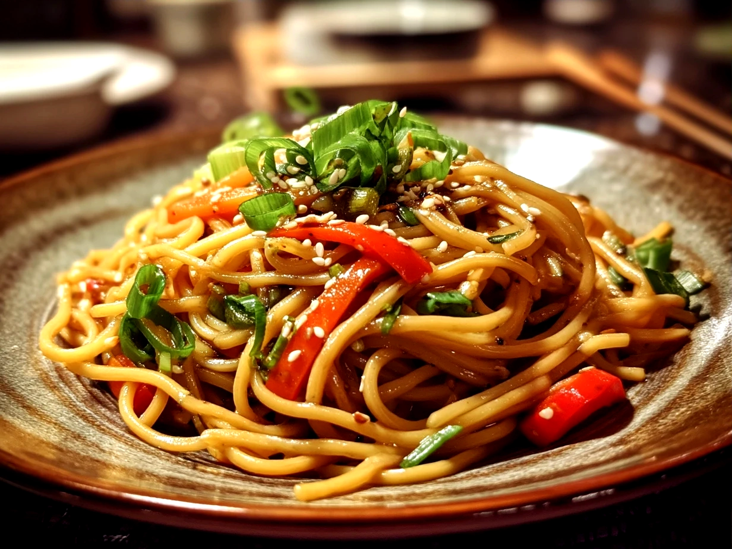 Served Cold Sesame Noodles garnished with scallions and sesame seeds