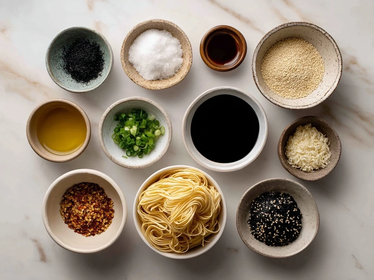 Ingredients for Cold Sesame Noodles included in a bowl and small dishes