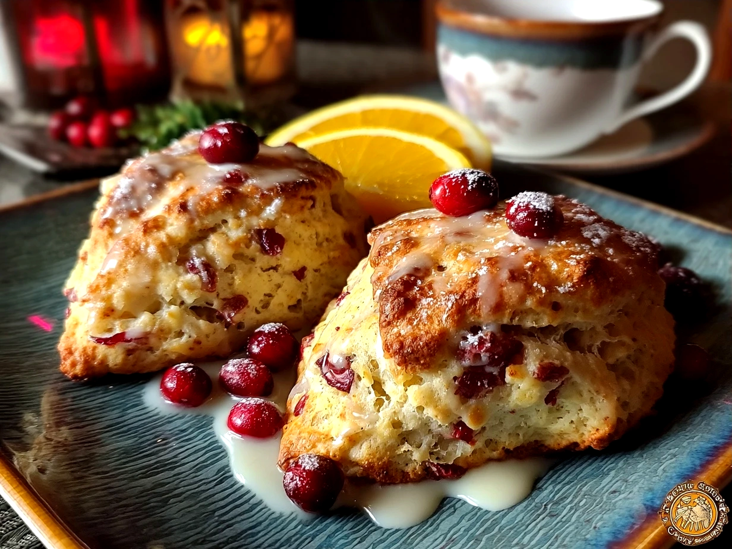 Freshly baked Cranberry Orange Scones served on a plate with butter