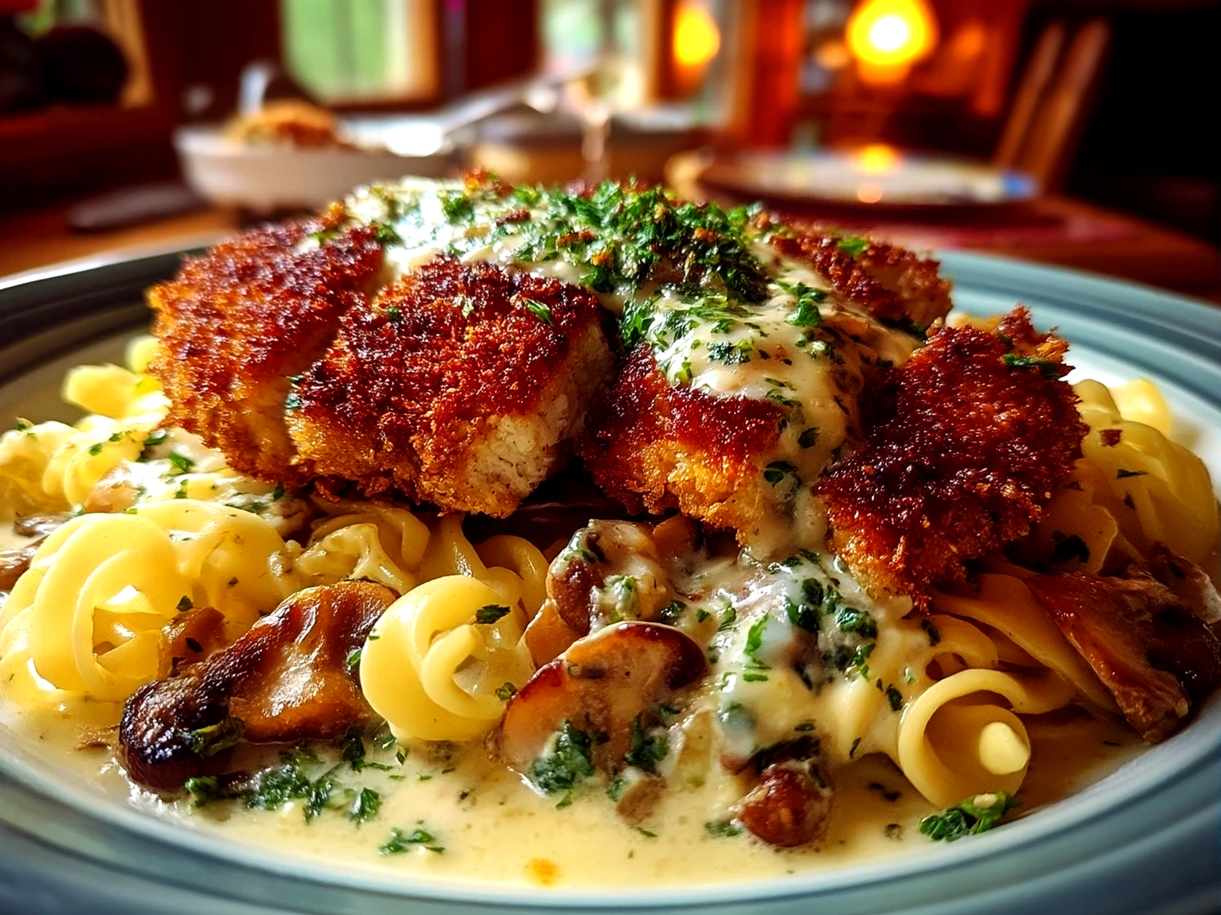 Plated crispy chicken schnitzel Alfredo garnished with chopped parsley