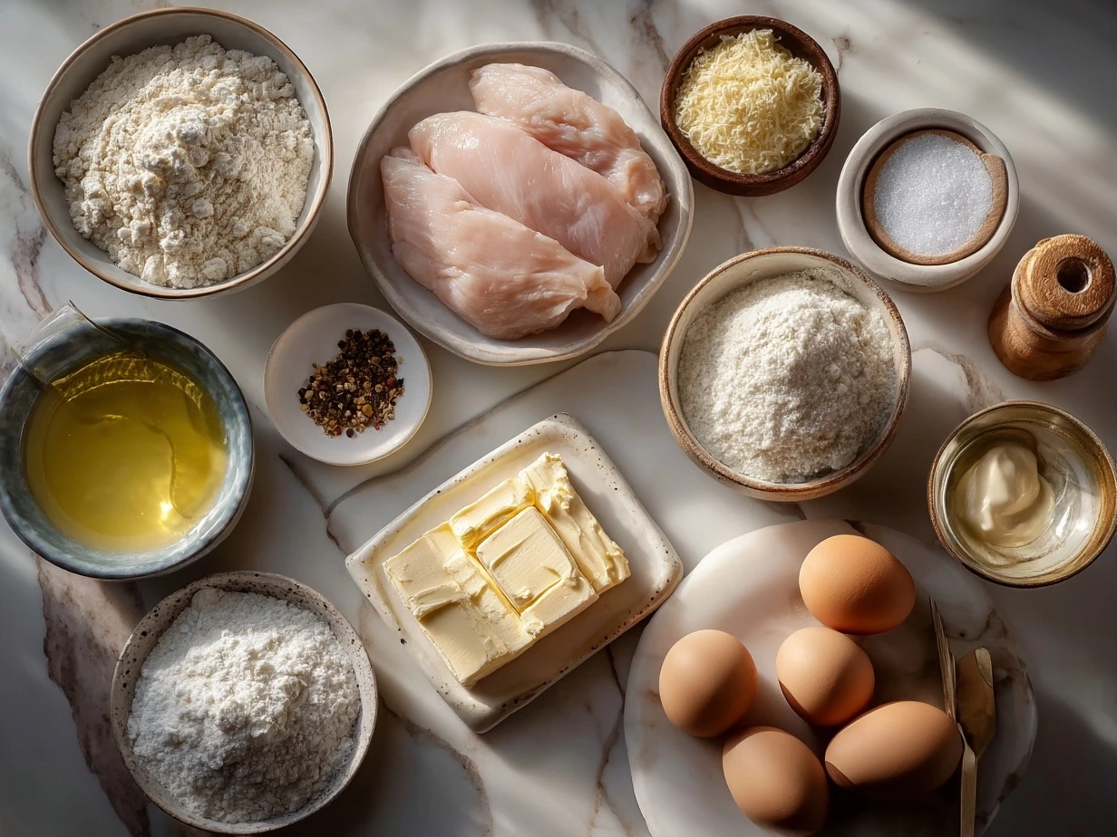 Ingredients for crispy chicken schnitzel Alfredo arranged on a kitchen counter