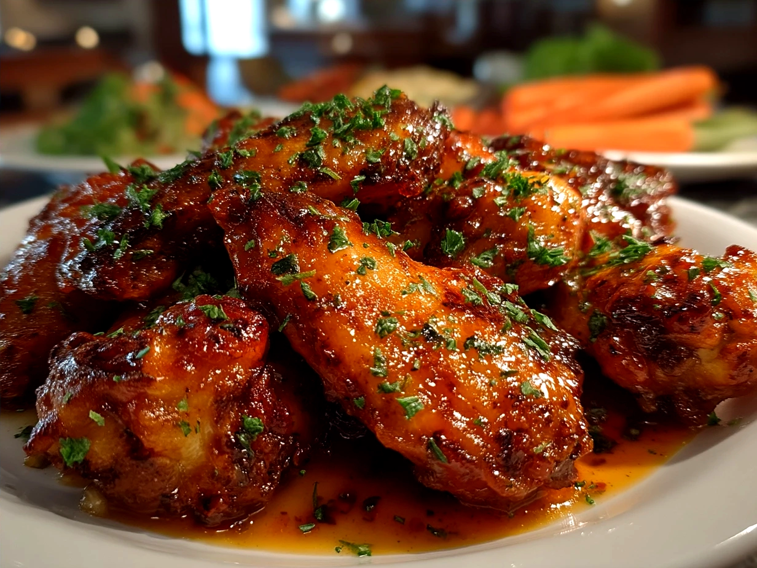 A bowl of freshly cooked Crockpot Buffalo Wings served with celery and dipping sauces