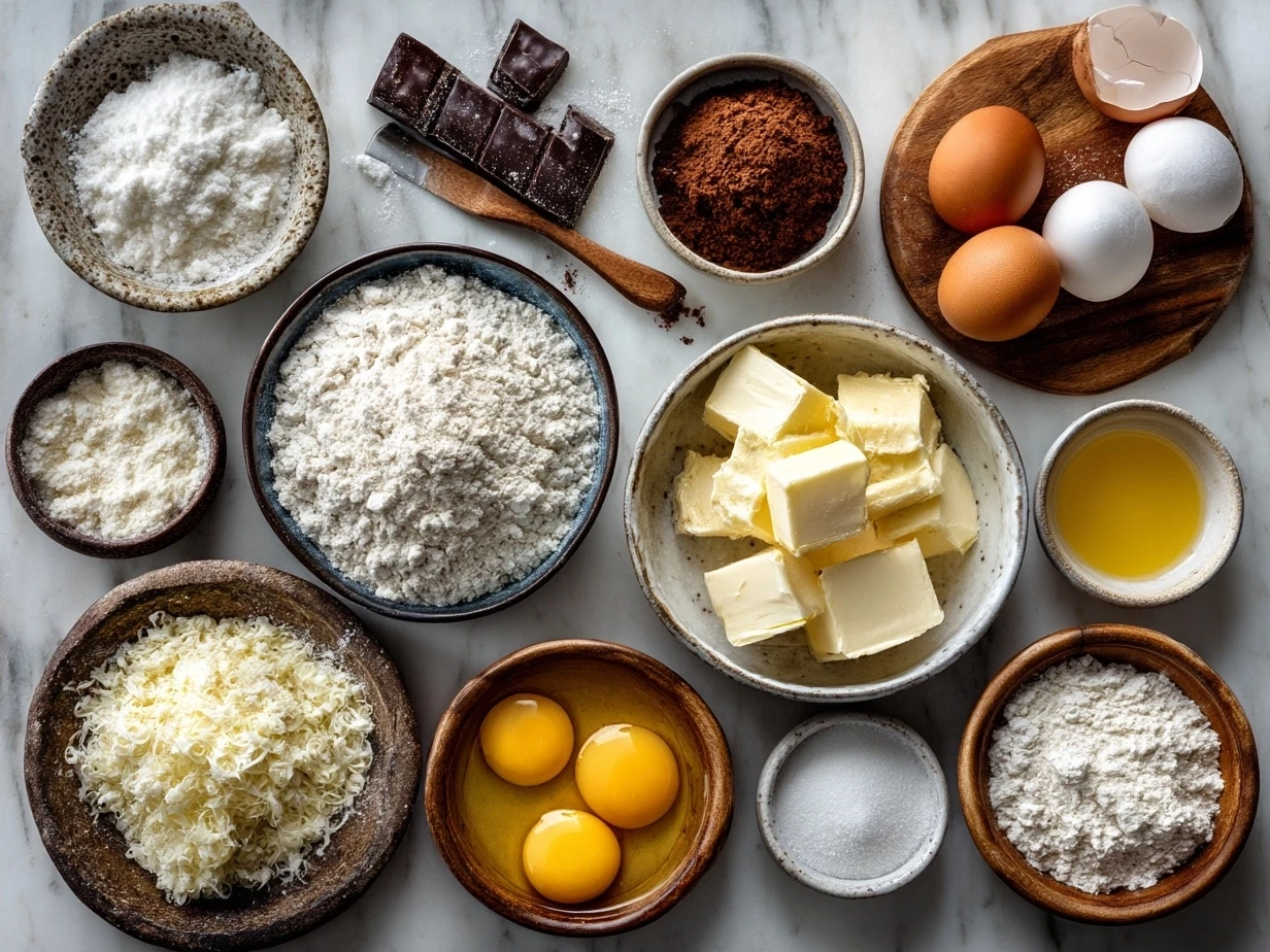 Ingredients laid out for croissant bake with eggs, meat, cheese, and croissants