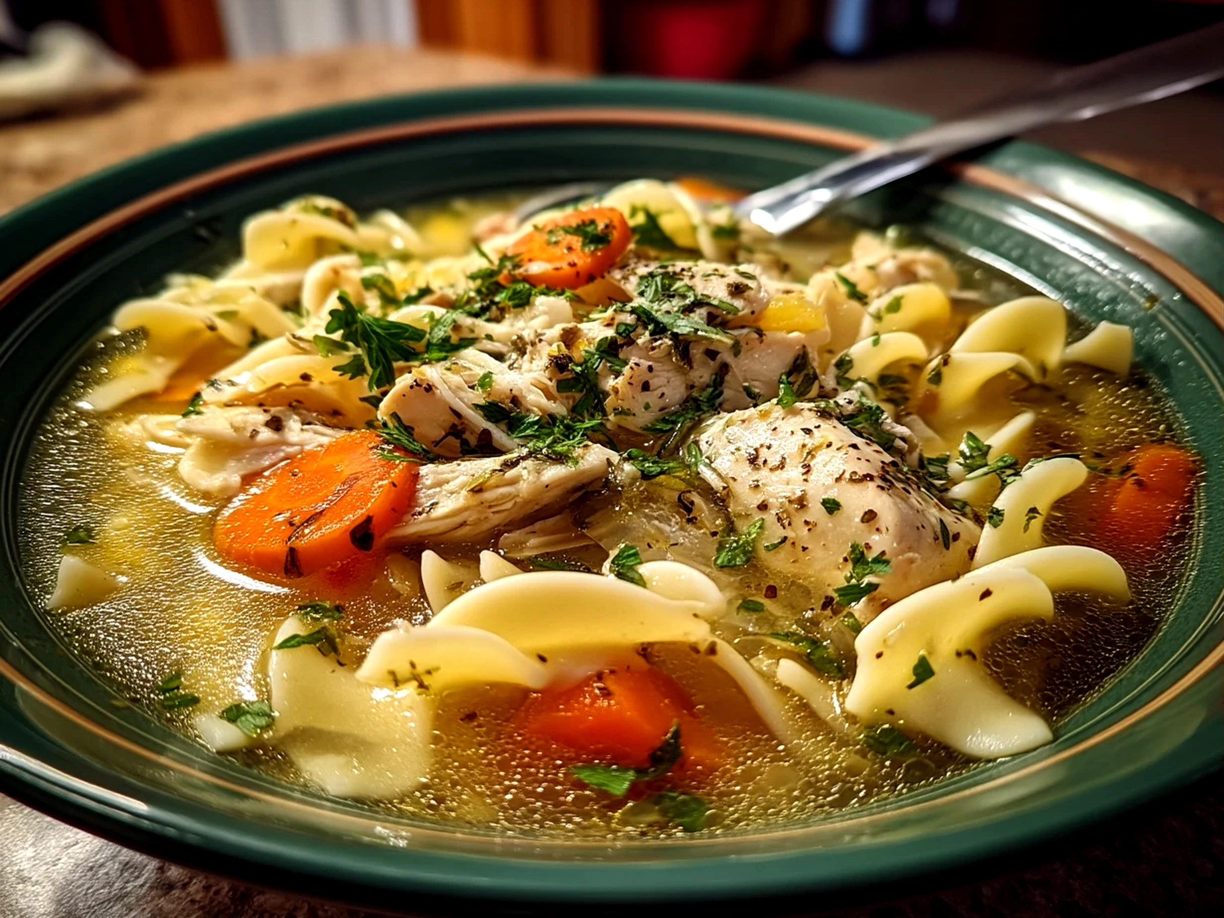 A finished bowl of homemade chicken noodle soup garnished with parsley