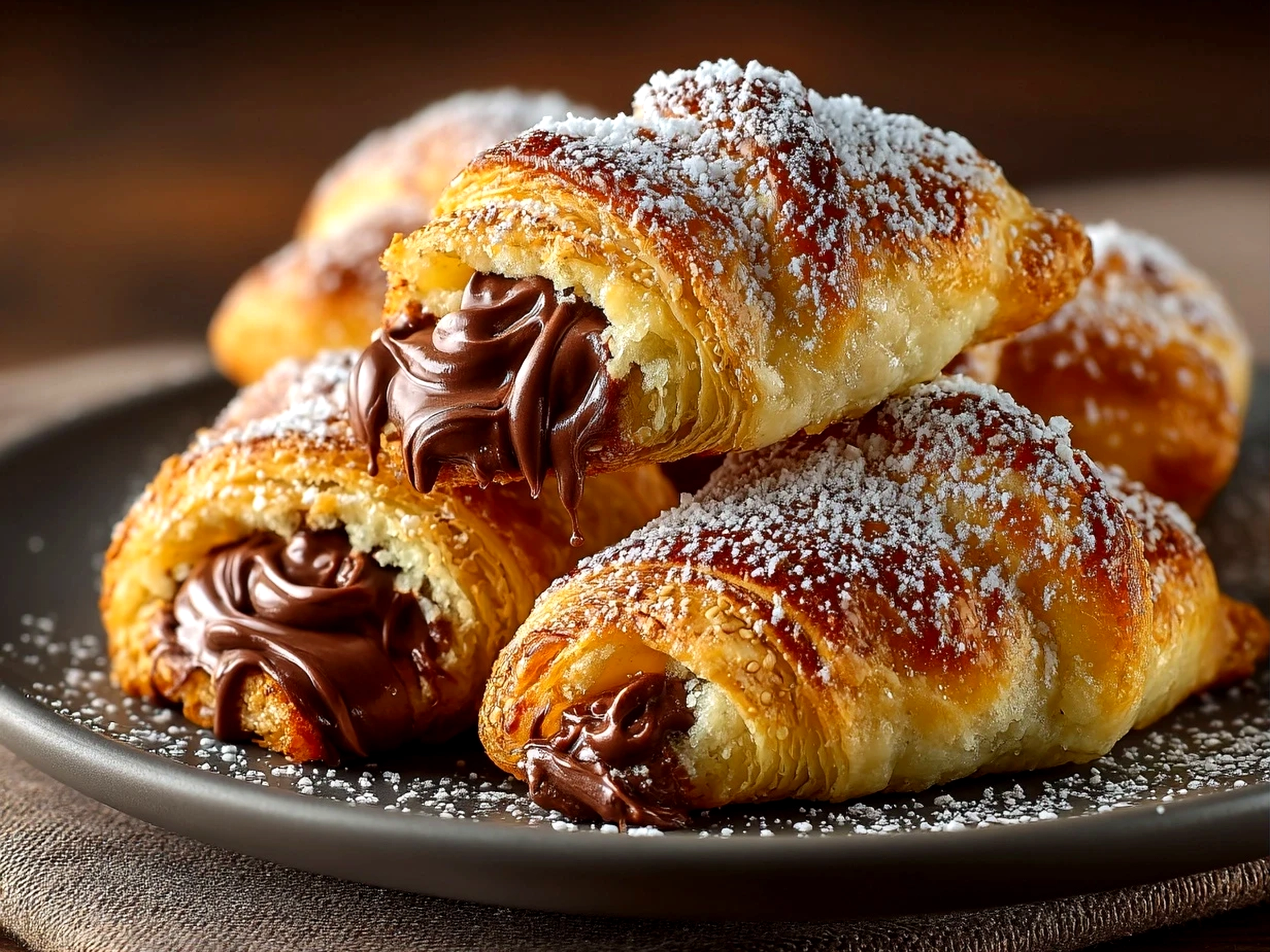 Close-up of finished chocolate Nutella crescent rolls with natural shadows