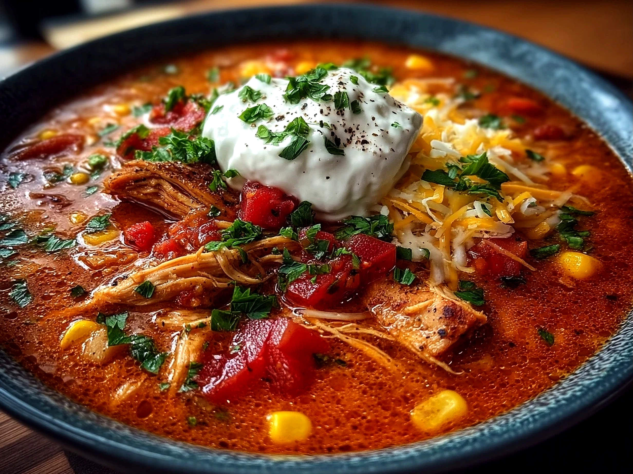 Close-up of One-Pot Creamy Chicken Taco Soup served in a bowl with garnishes.