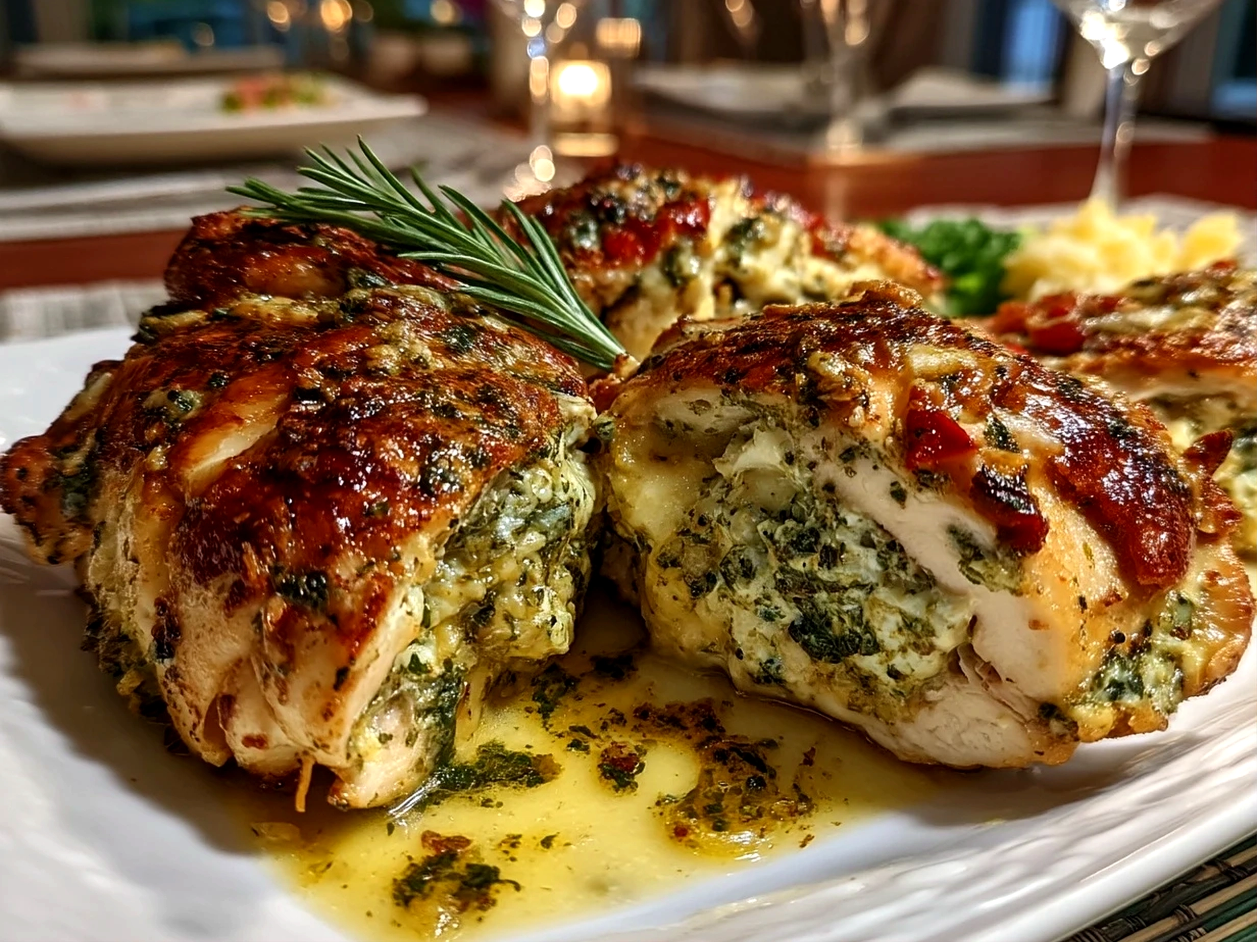 Close-up of a finished pesto stuffed chicken breast on a plate, showcasing the golden sear and melted cheese with pesto filling.