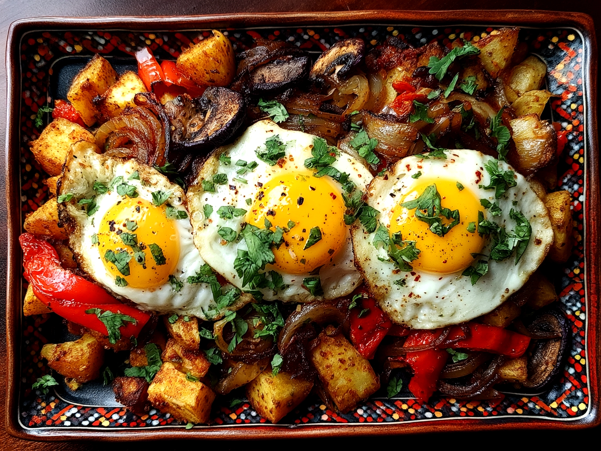 Close-up of finished plated Veggie Sheet Pan Hash garnished with fresh herbs