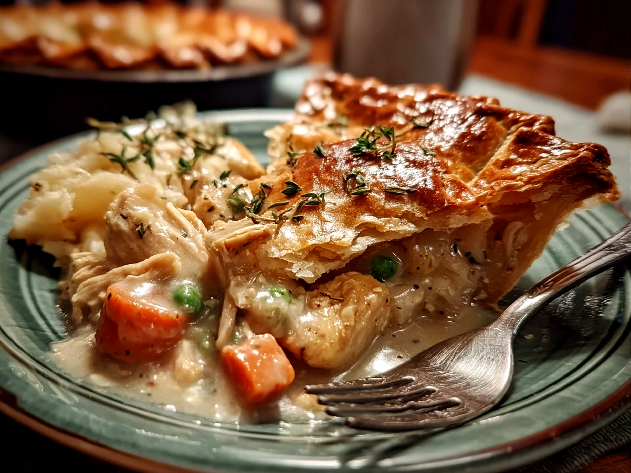 Close-up of a served Slow Cooker Chicken Pot Pie with golden crust and creamy filling