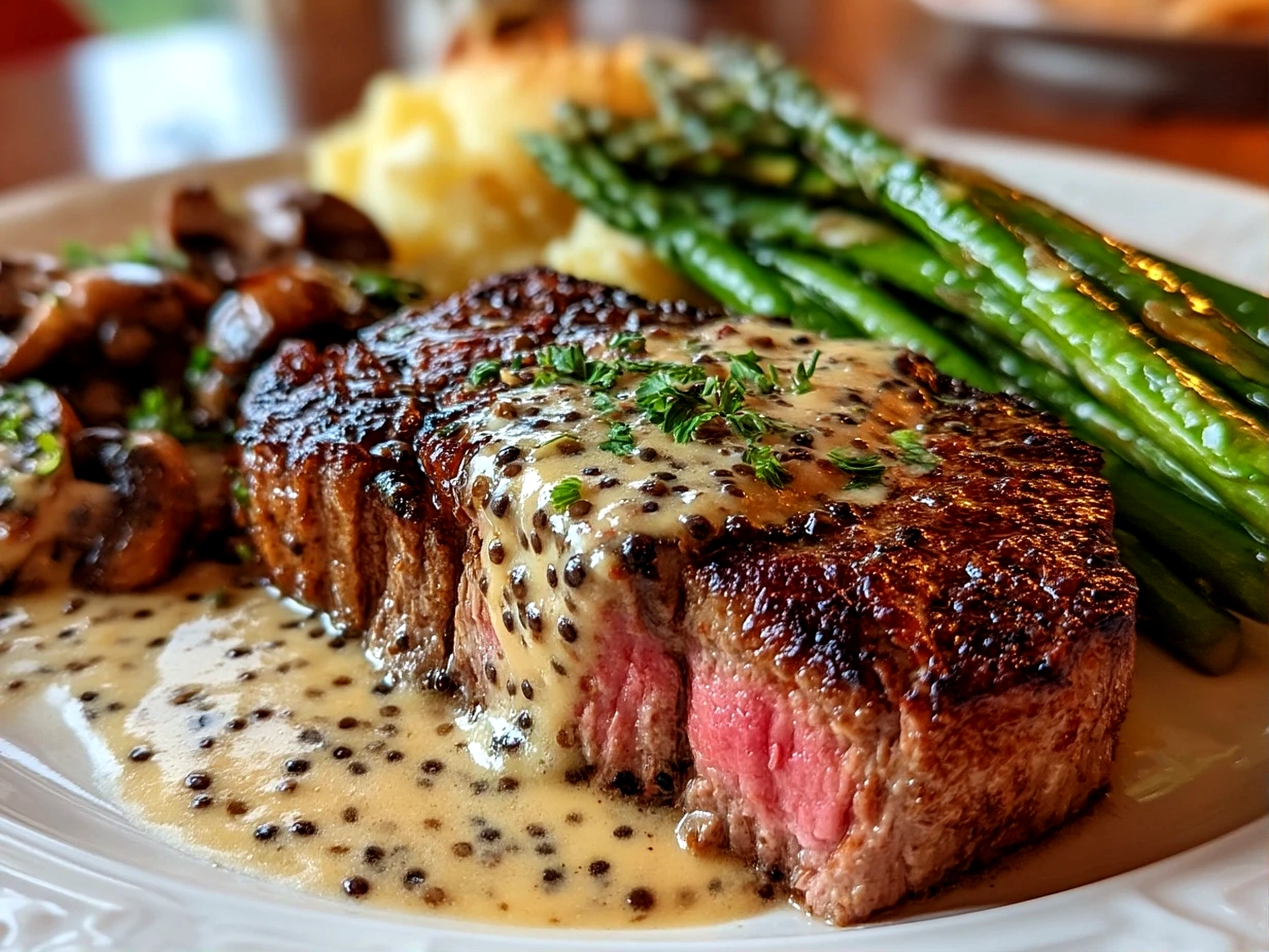Close-up of finished steak with peppercorn sauce on a plate, ready to serve