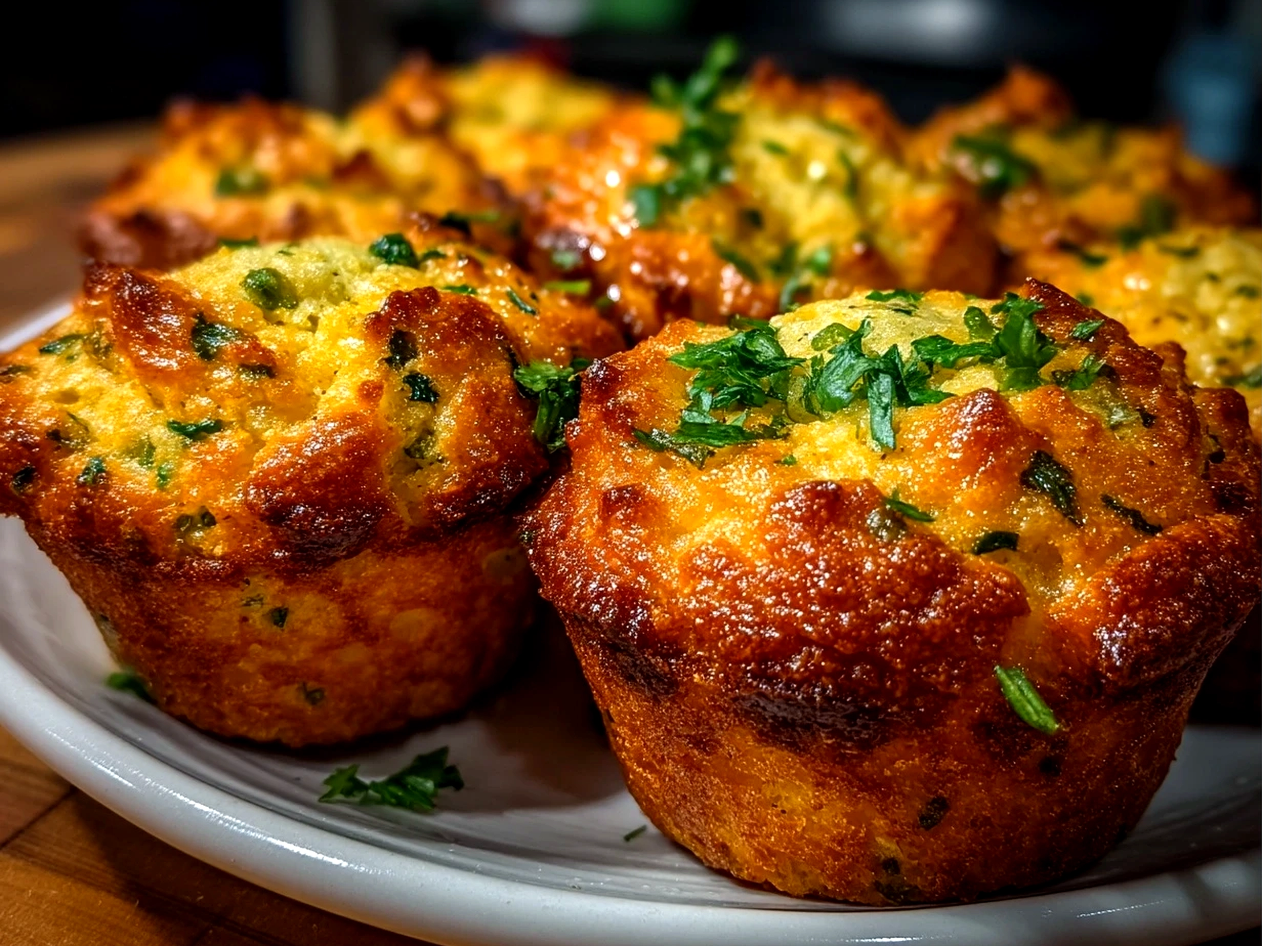 Close-up of finished comforting Cheddar Jalapeño Cornbread Muffins on a plate, showcasing their hearty and spicy texture