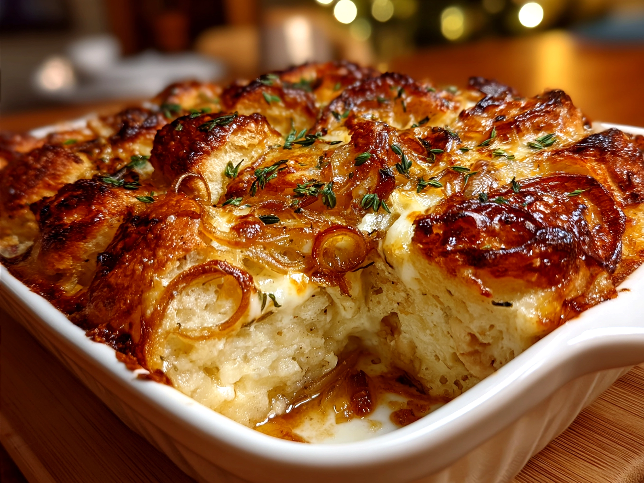 Creamy French Onion Chicken Bake served on a plate with a side salad
