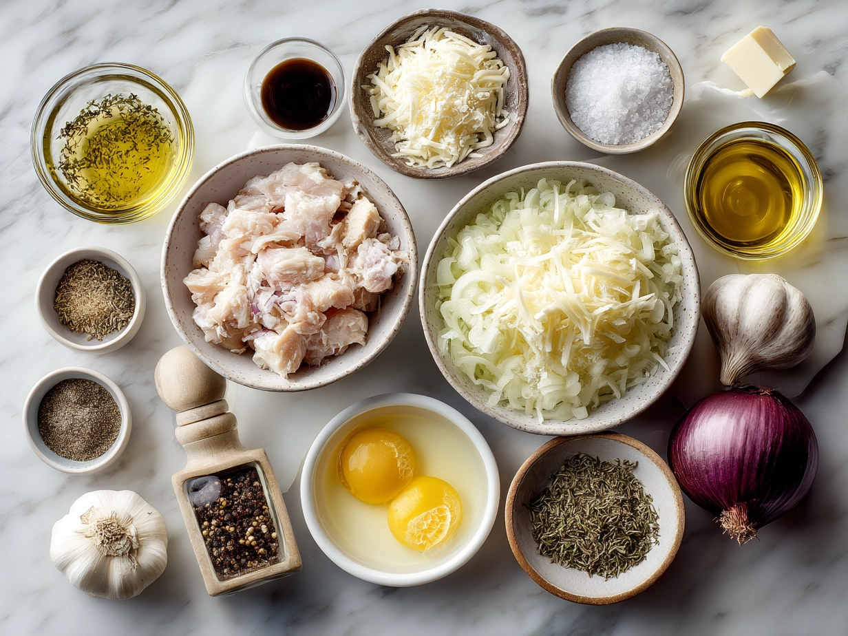 Ingredients for French Onion Chicken Bake including chicken breasts, sliced onions, cream cheese, shredded Swiss cheese, garlic, olive oil, beef broth and herbs