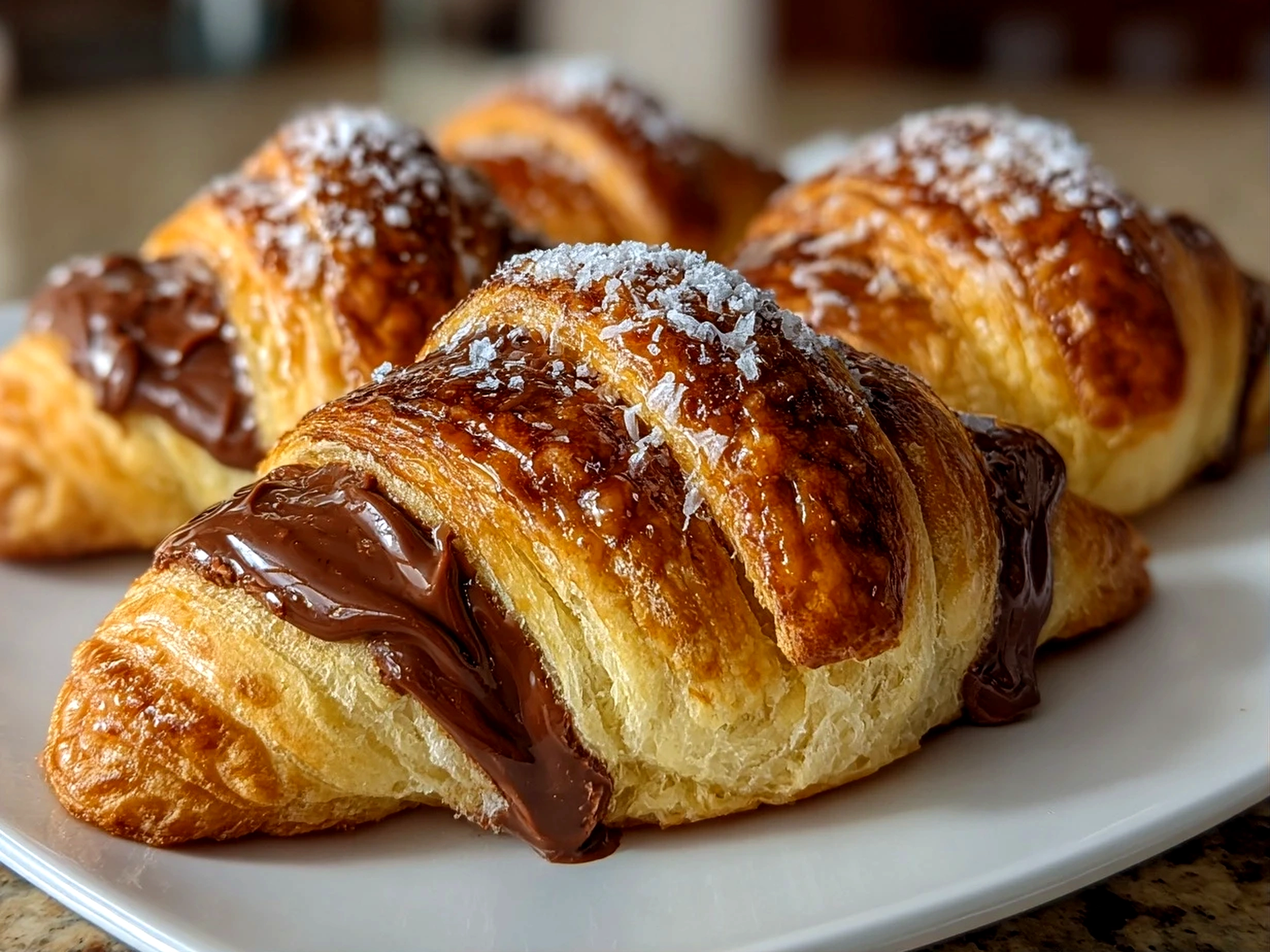 Freshly baked chocolate-filled Nutella crescent rolls on white plate