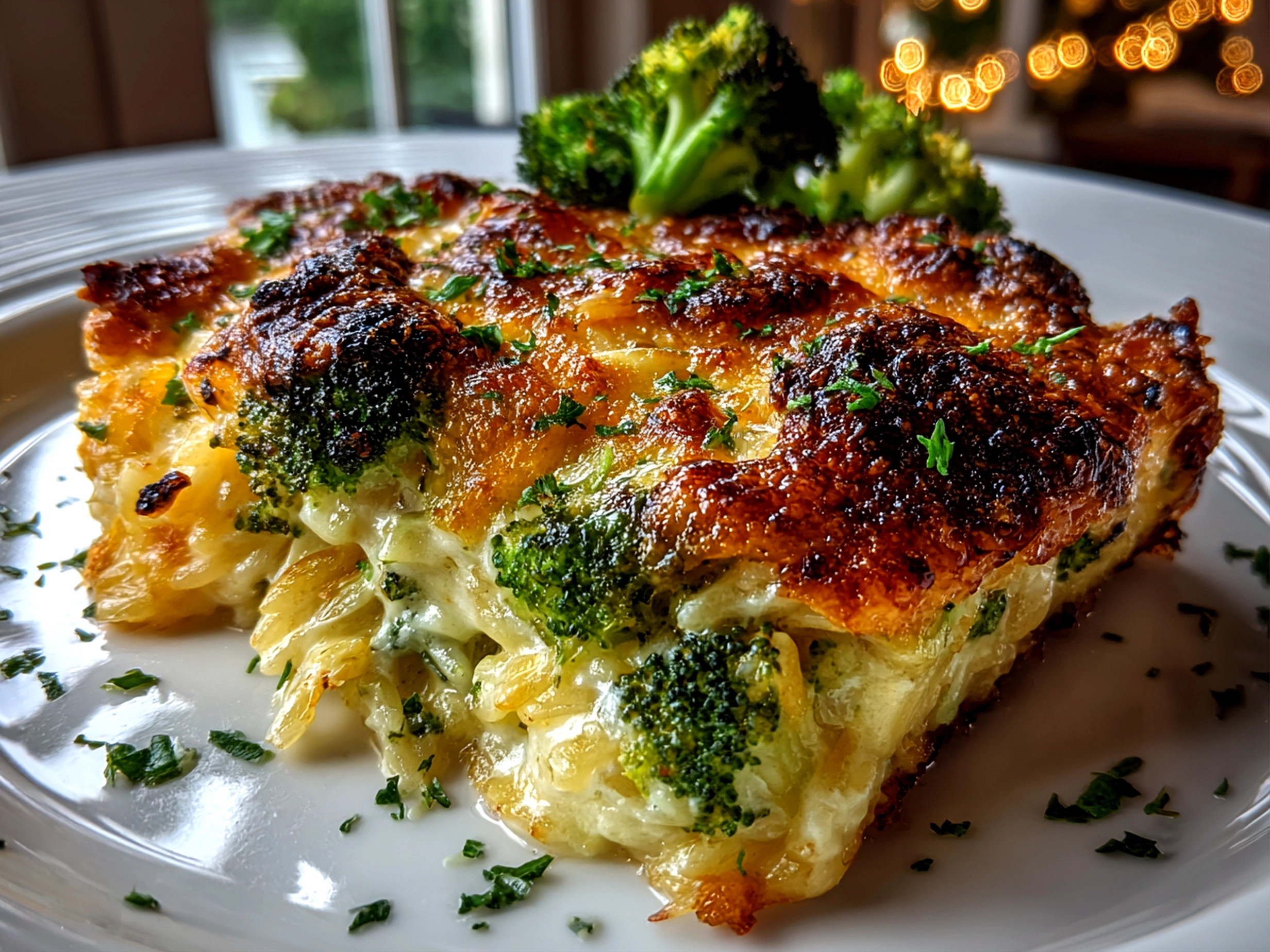 freshly prepared Broccoli Cheddar Orzo Bake plating