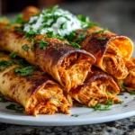 freshly prepared Buffalo Chicken Taquitos close-up