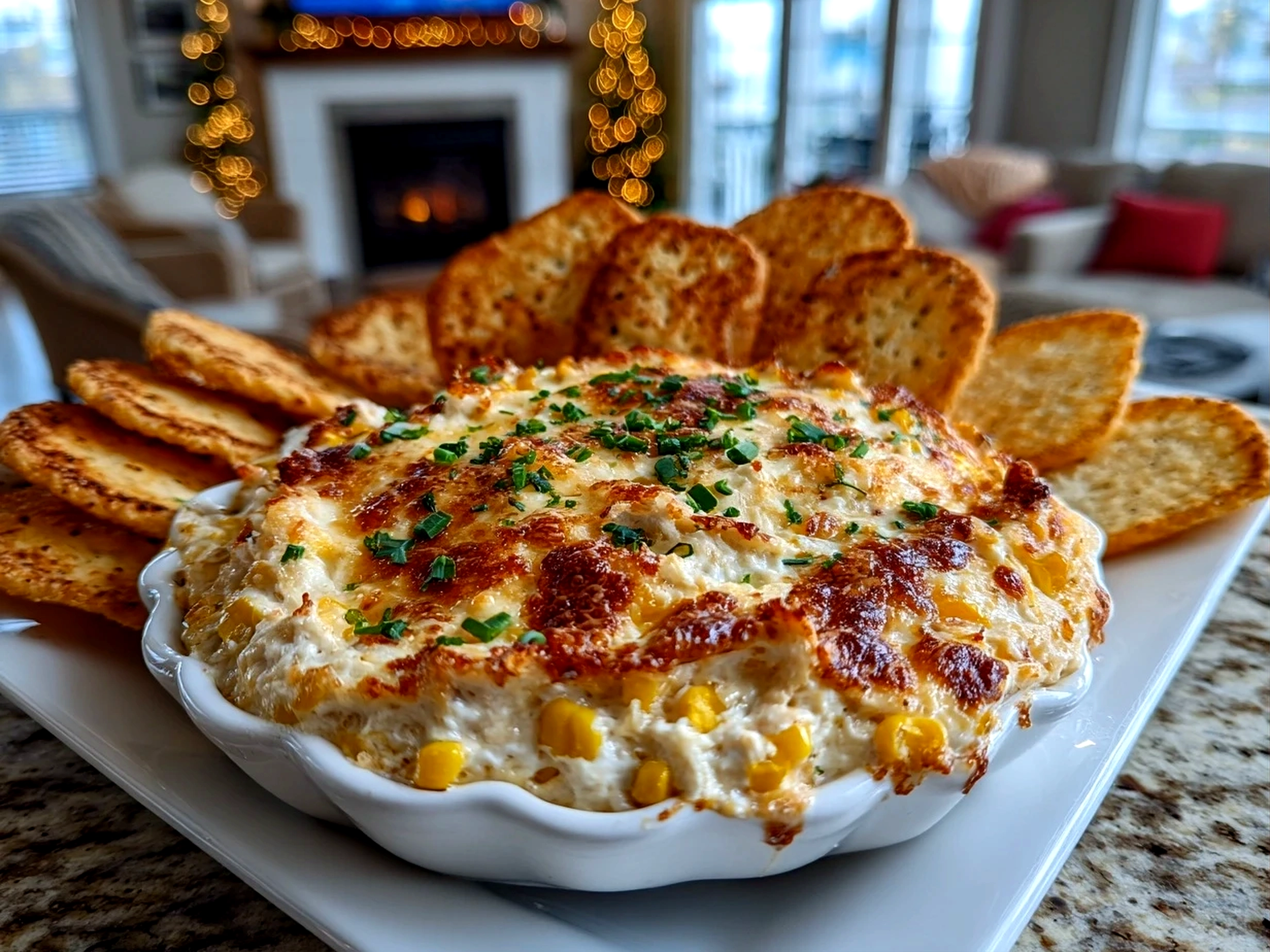 Freshly prepared cheesy crowd-pleaser corn dip on white plate