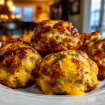 Freshly prepared Cheesy Rotel Sausage Balls on white plate