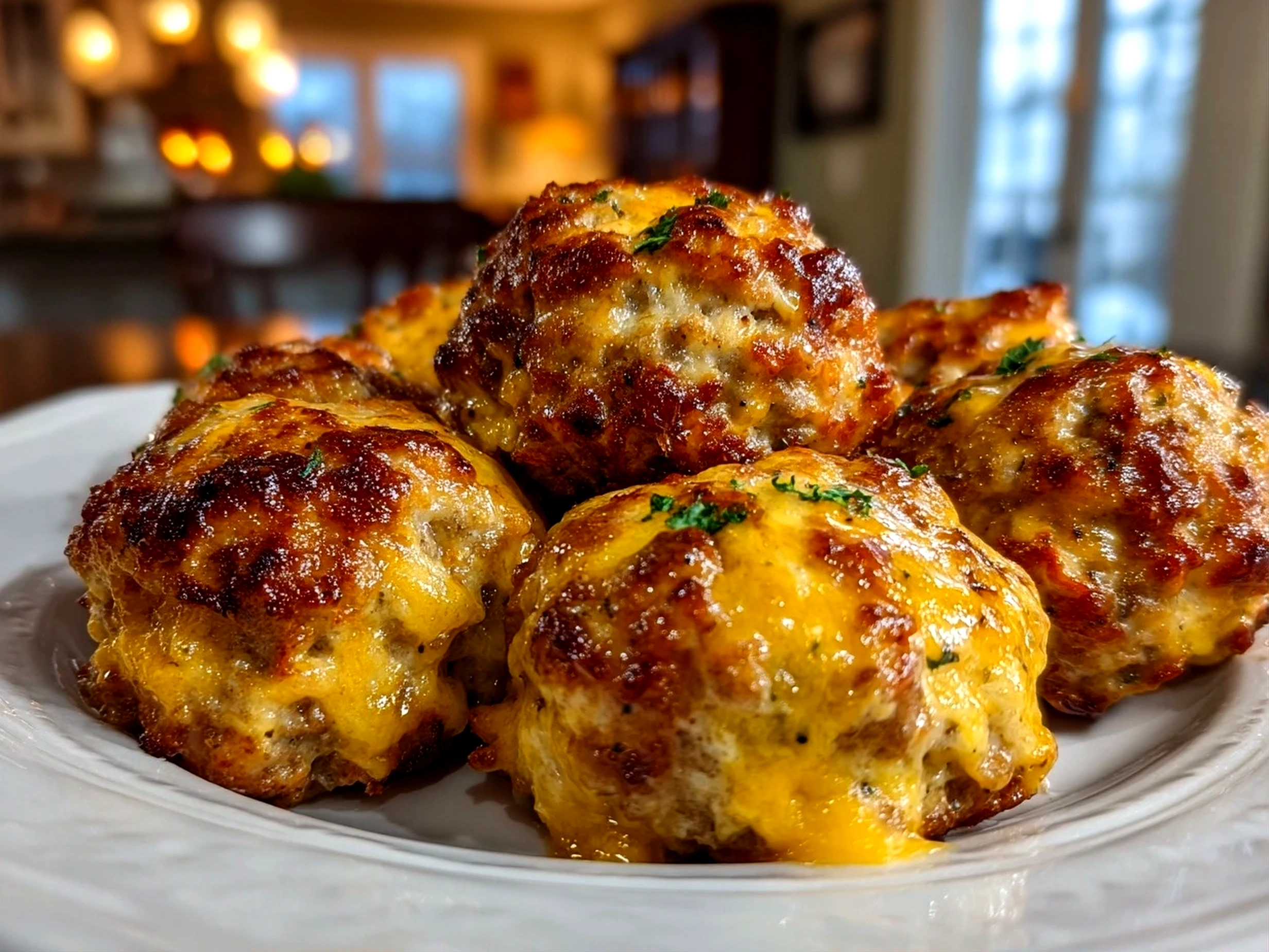 Freshly prepared Cheesy Rotel Sausage Balls on white plate