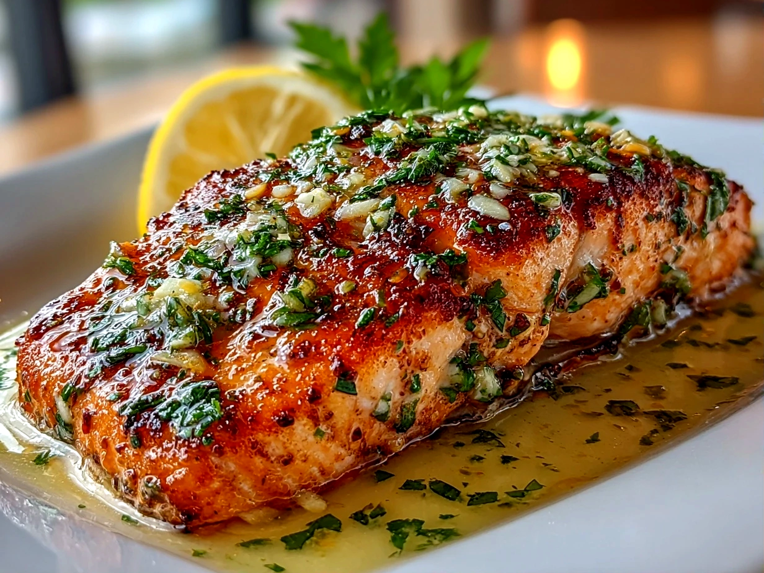 Freshly prepared garlic butter lemon salmon plated simply