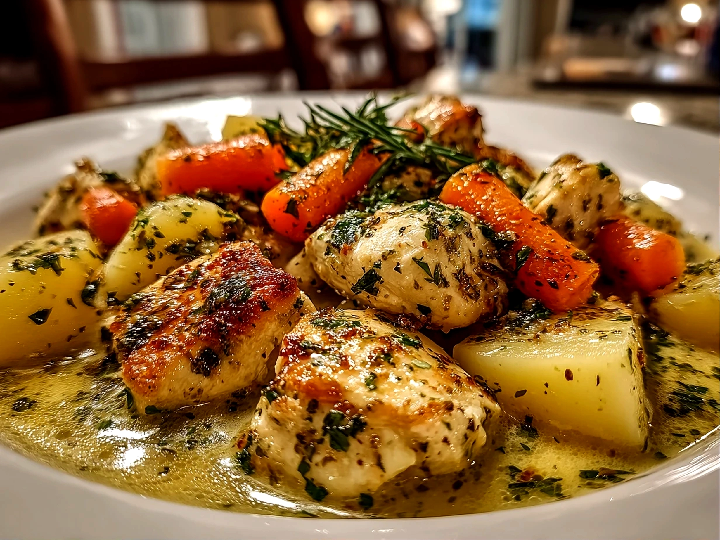 Freshly prepared garlic parmesan chicken stew close-up