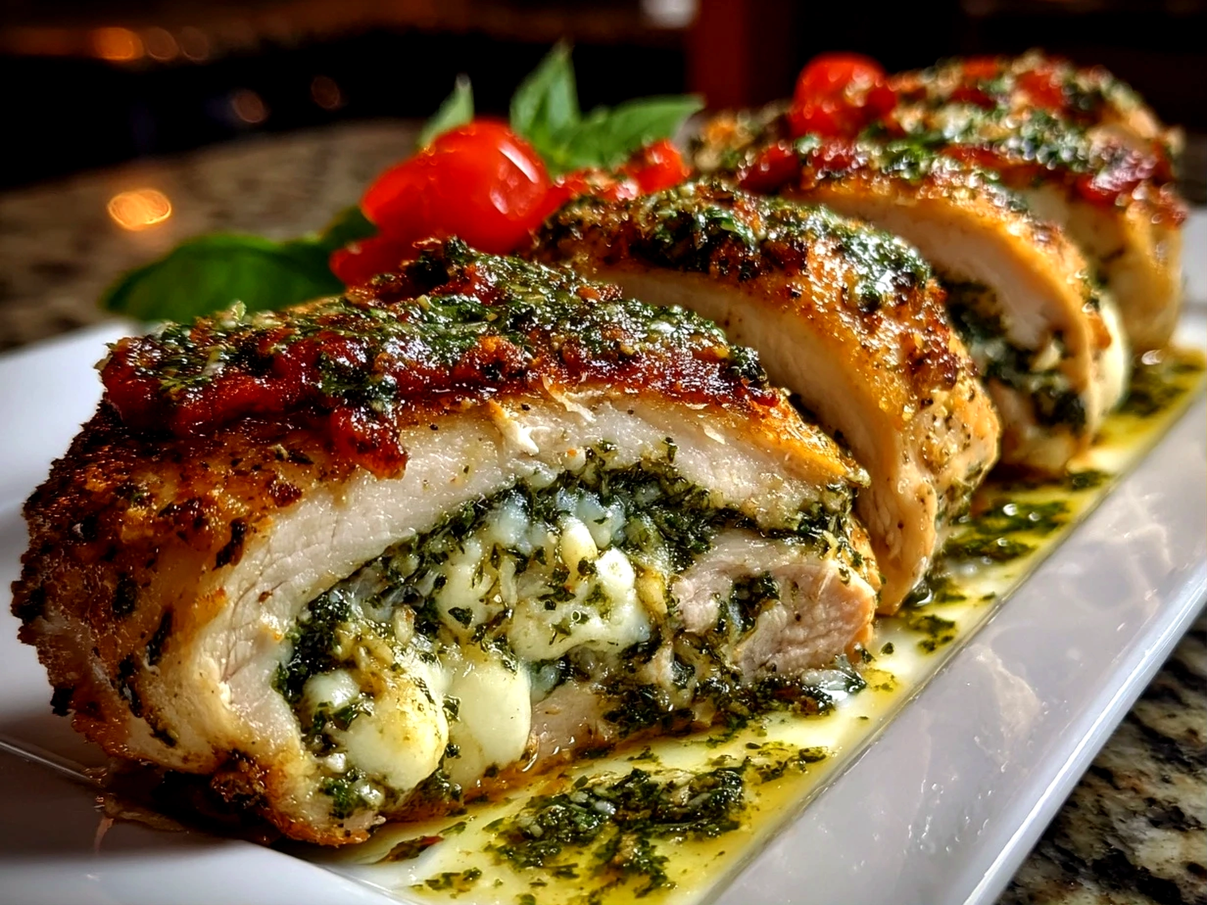 Freshly Prepared Pesto Stuffed Chicken Close-Up