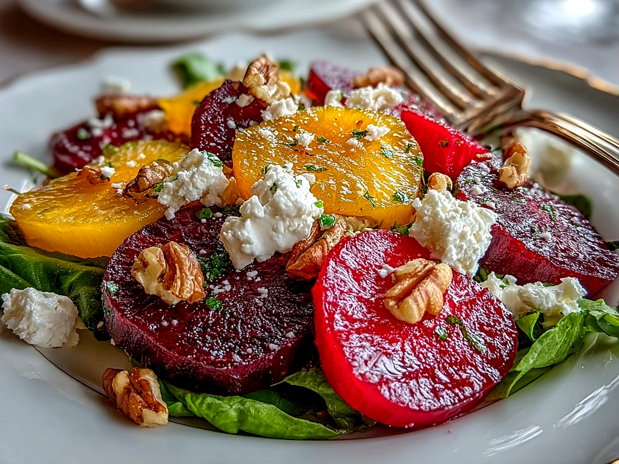 Freshly prepared Roasted Beet Goat Cheese Salad on white plate