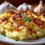 Freshly prepared roasted garlic mashed potatoes on white plate