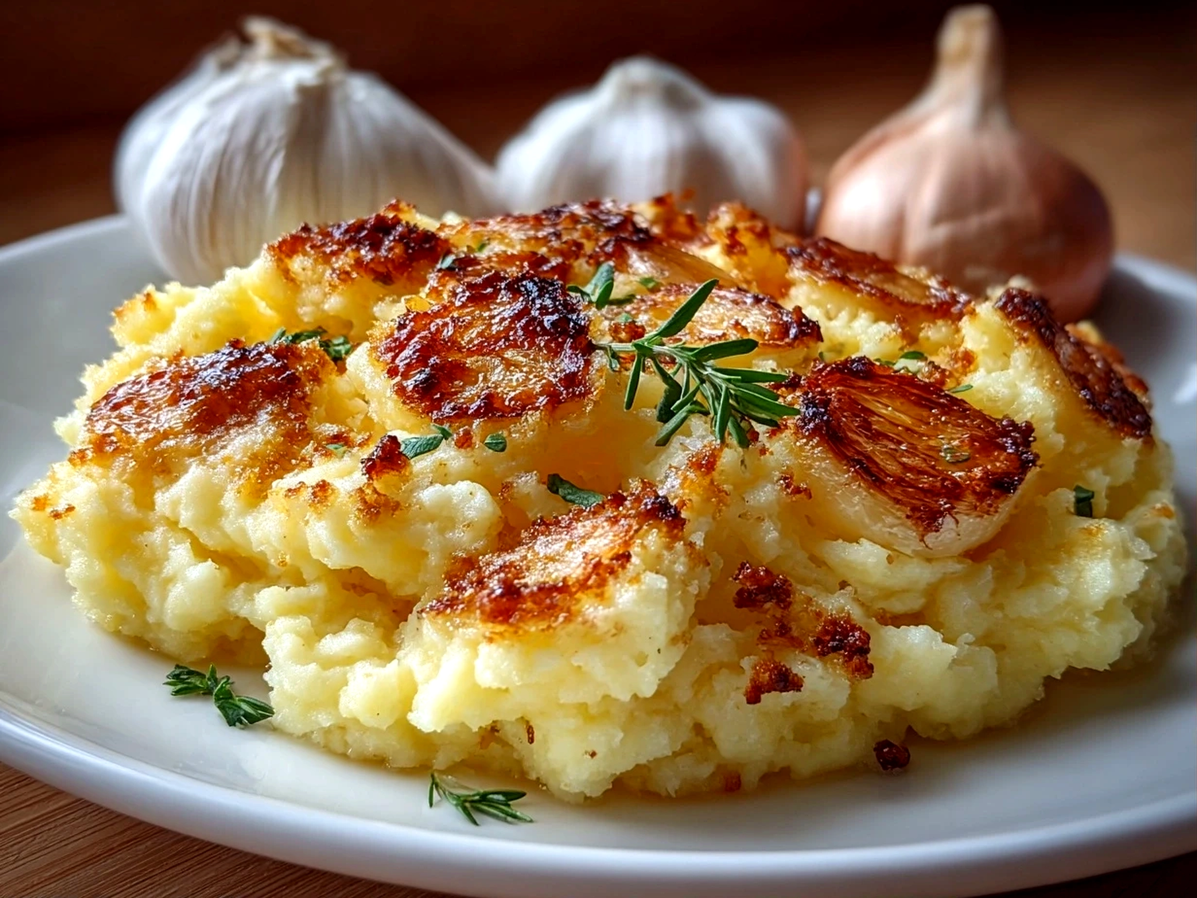 Freshly prepared roasted garlic mashed potatoes on white plate