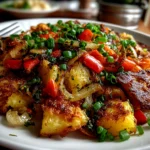 Freshly prepared Veggie Sheet Pan Hash on white plate