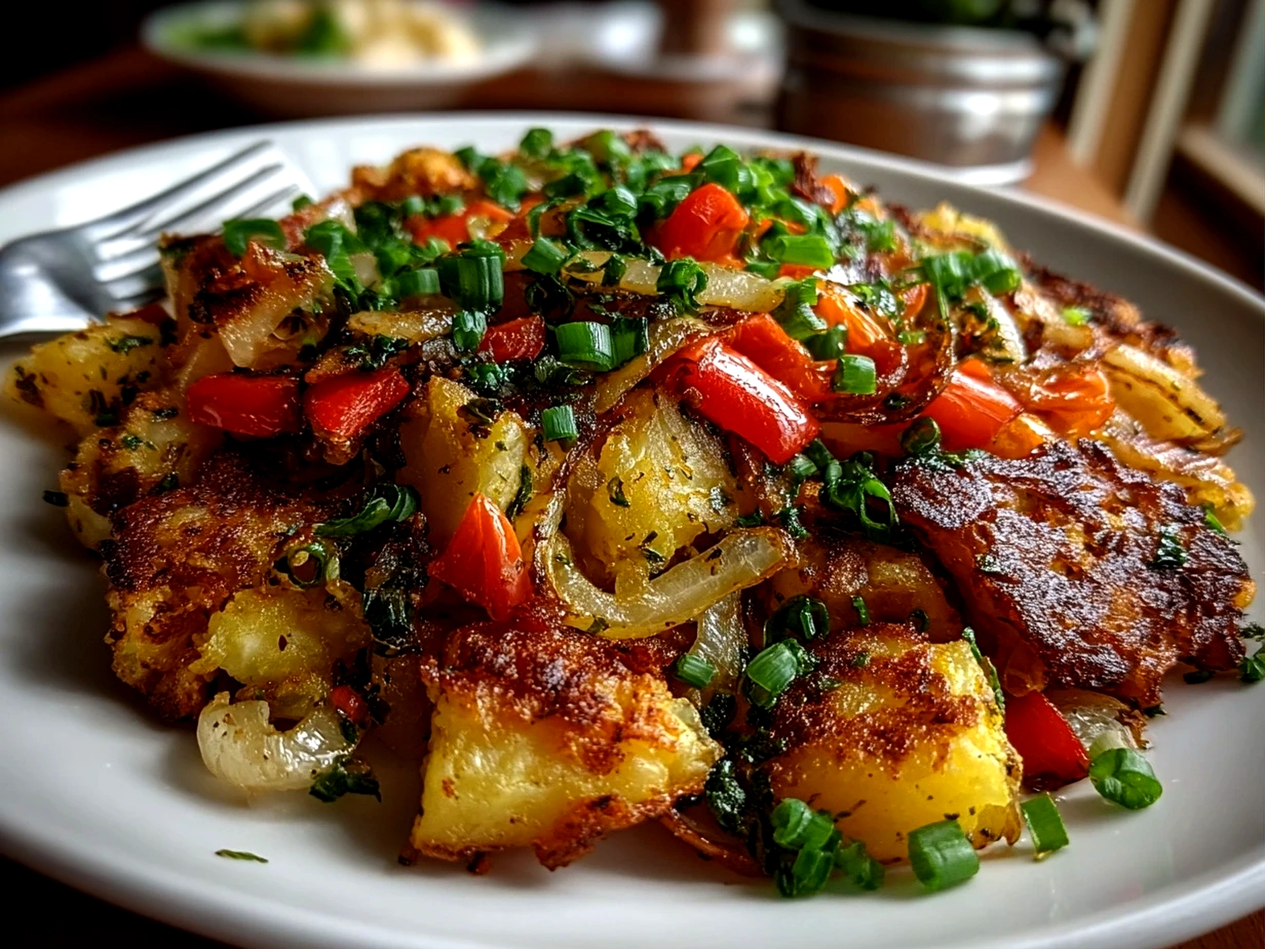 Freshly prepared Veggie Sheet Pan Hash on white plate